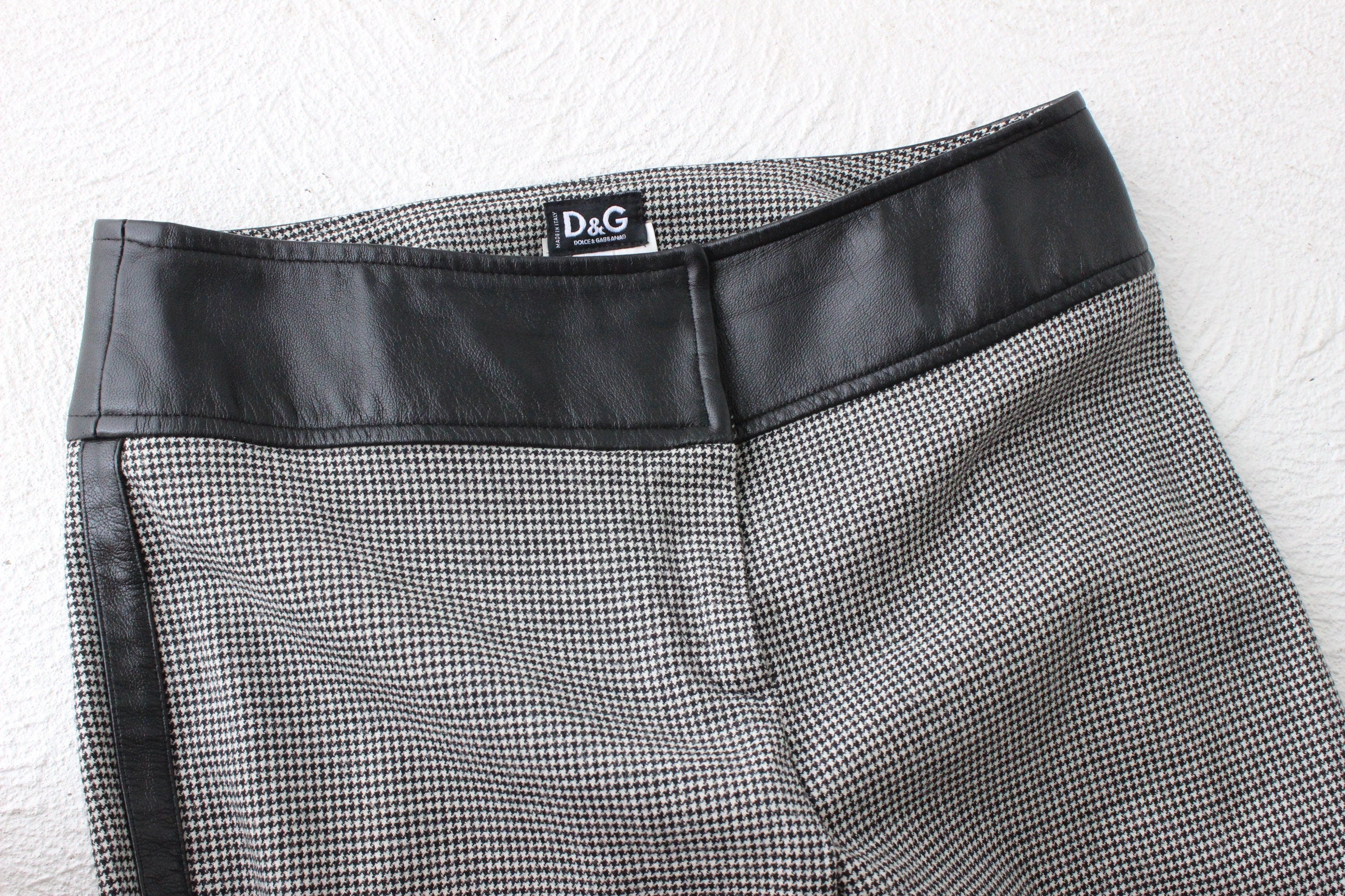 Y2K D&G Wool Houndstooth + Leather Low Rise Bootcut Flares