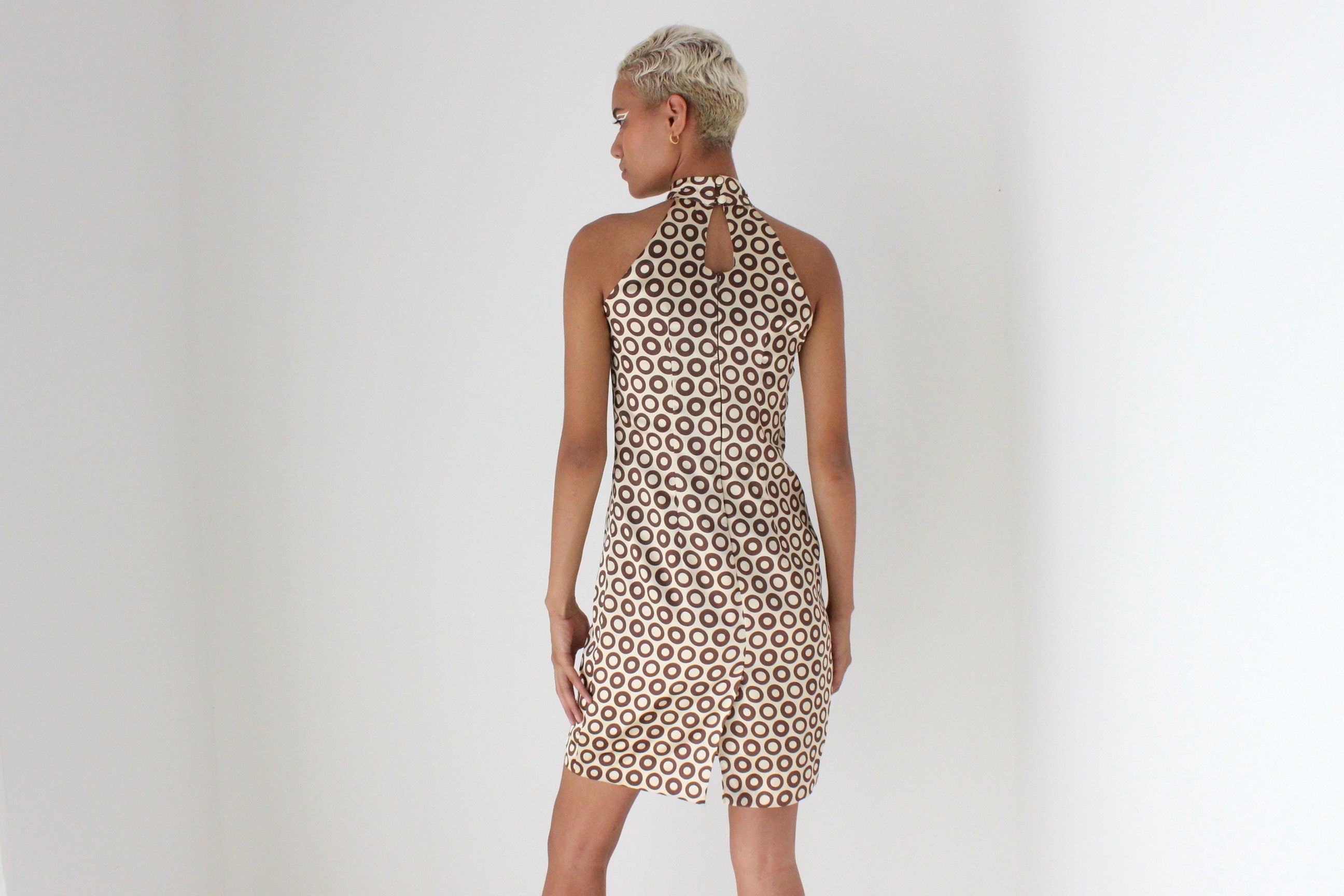 90s Abstract Circle Halter Neck Satin Cocktail Dress