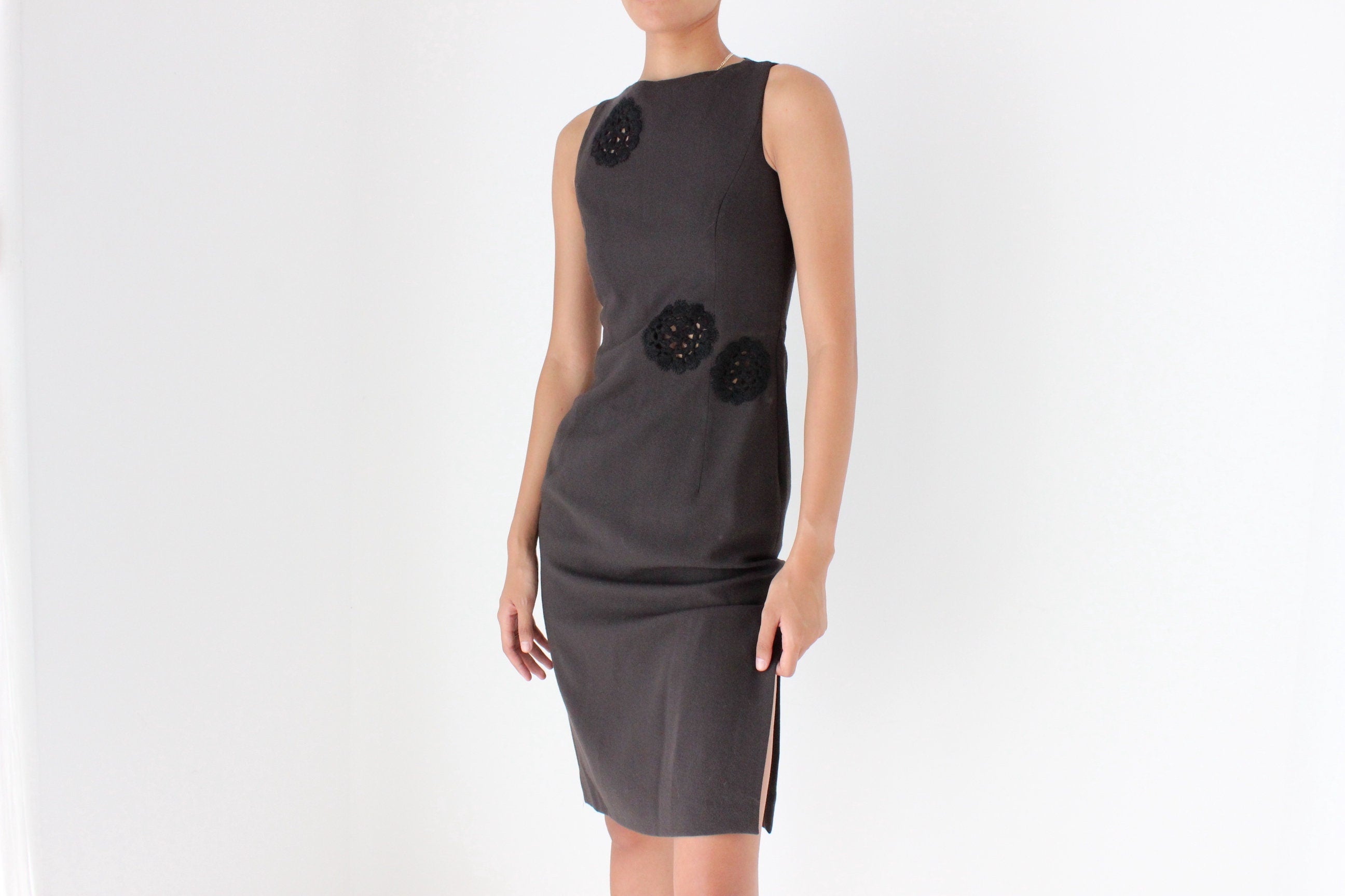 2000s John Galliano Silk / Wool Designer LBD w/ Crochet Cut Outs