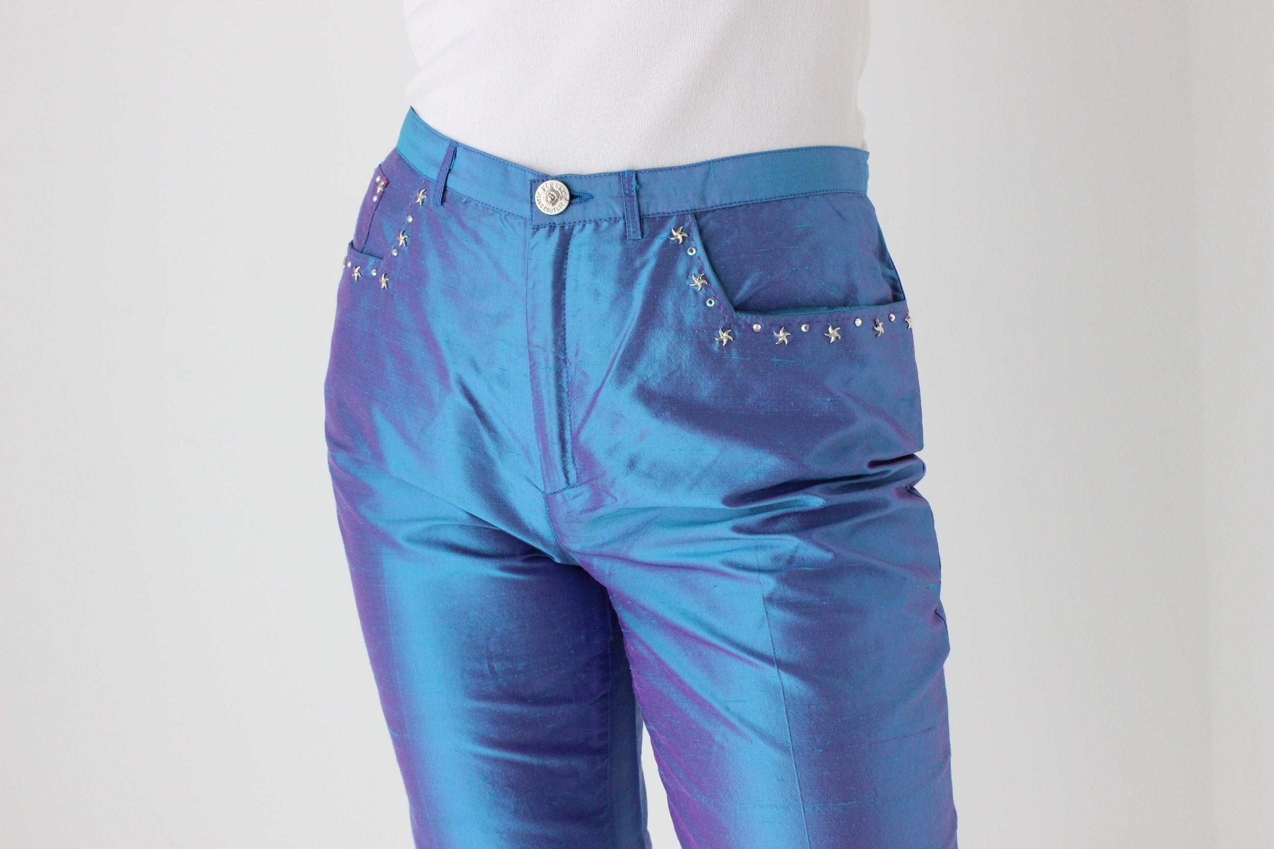 Donatella Versace 2000 Collection Raw Silk Holographic Jeans