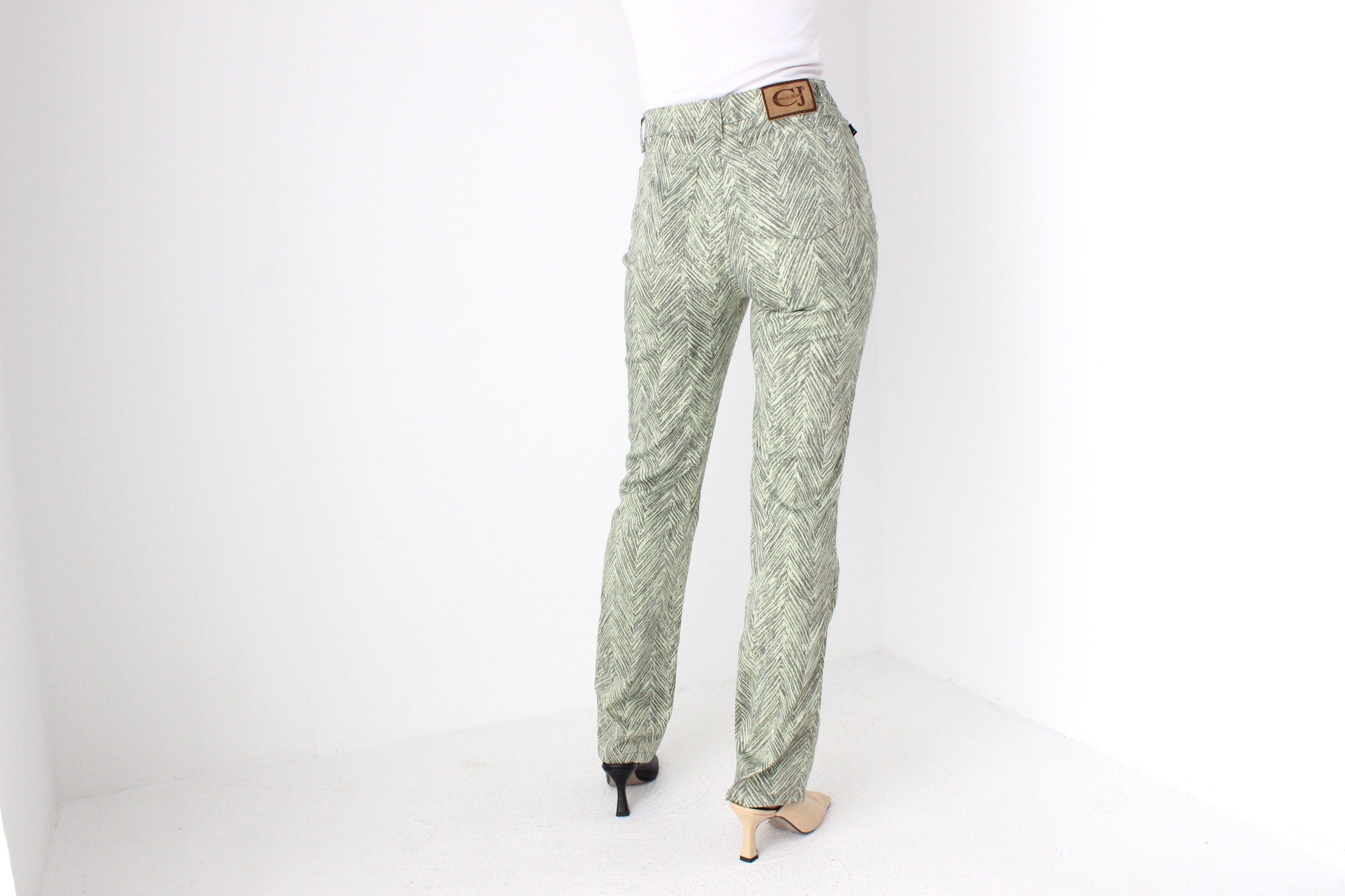 Y2K Roberto Cavalli "Cavalli Jeans" Lime Tiger Synthetic Bootcut Club Pants