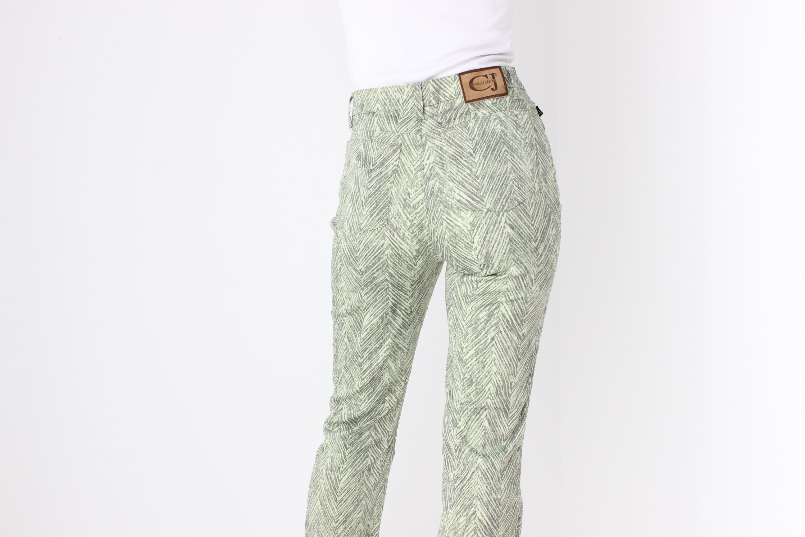 Y2K Roberto Cavalli "Cavalli Jeans" Lime Tiger Synthetic Bootcut Club Pants