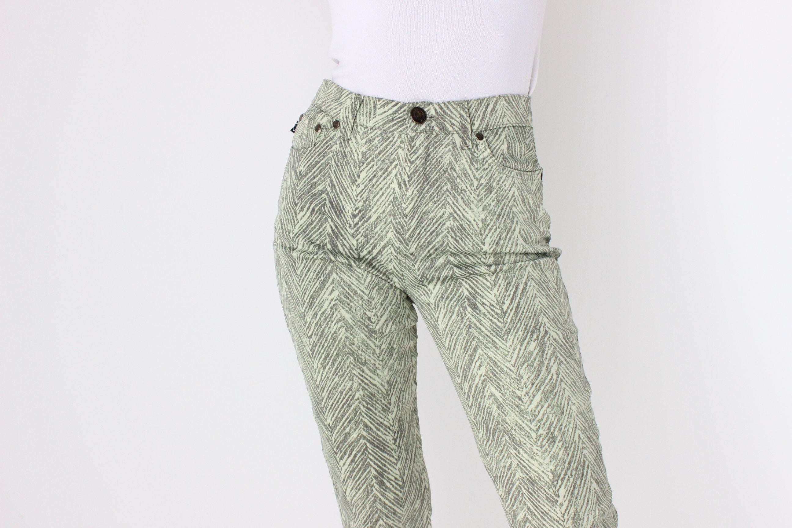 Y2K Roberto Cavalli "Cavalli Jeans" Lime Tiger Synthetic Bootcut Club Pants