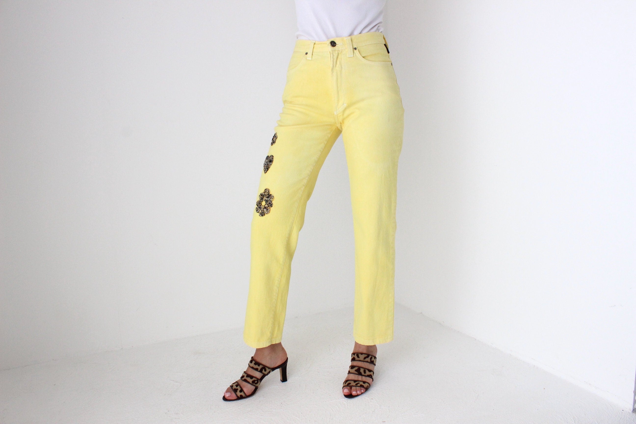 80s VERSACE Wearable Art Beaded Flower Jeans