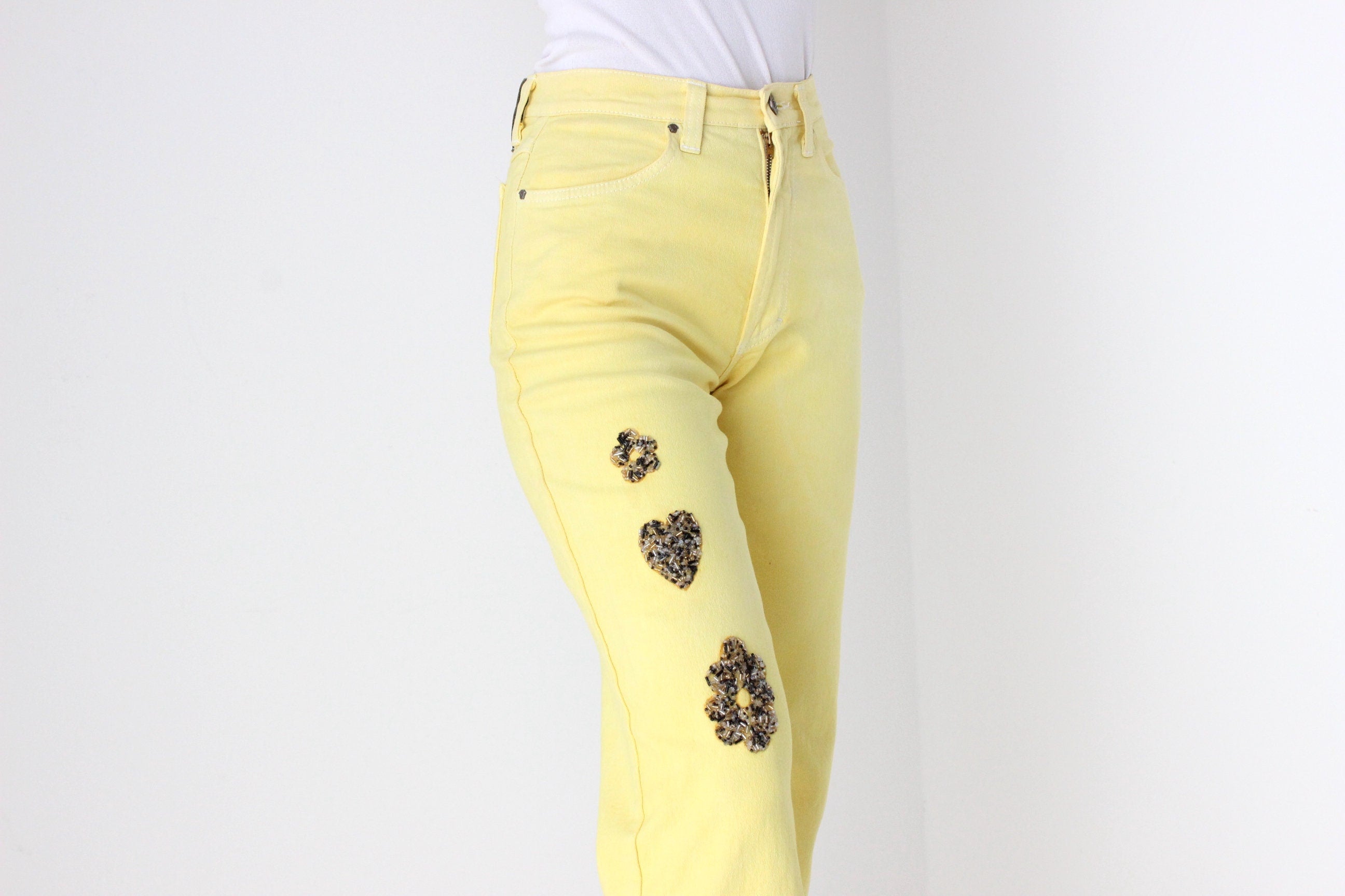 80s VERSACE Wearable Art Beaded Flower Jeans