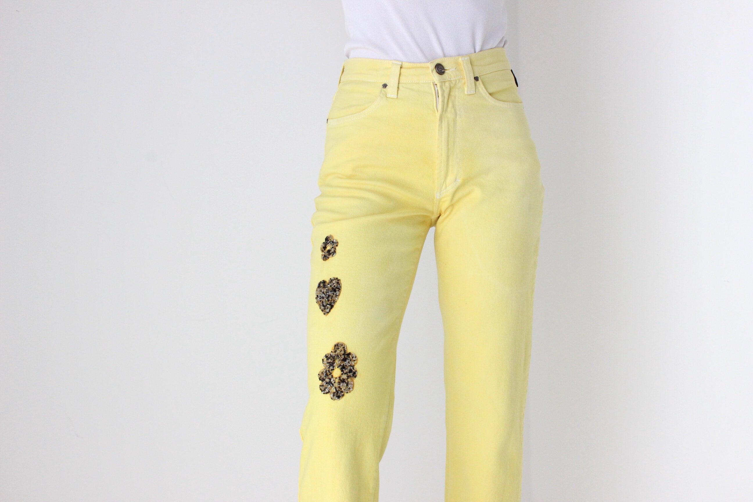 80s VERSACE Wearable Art Beaded Flower Jeans