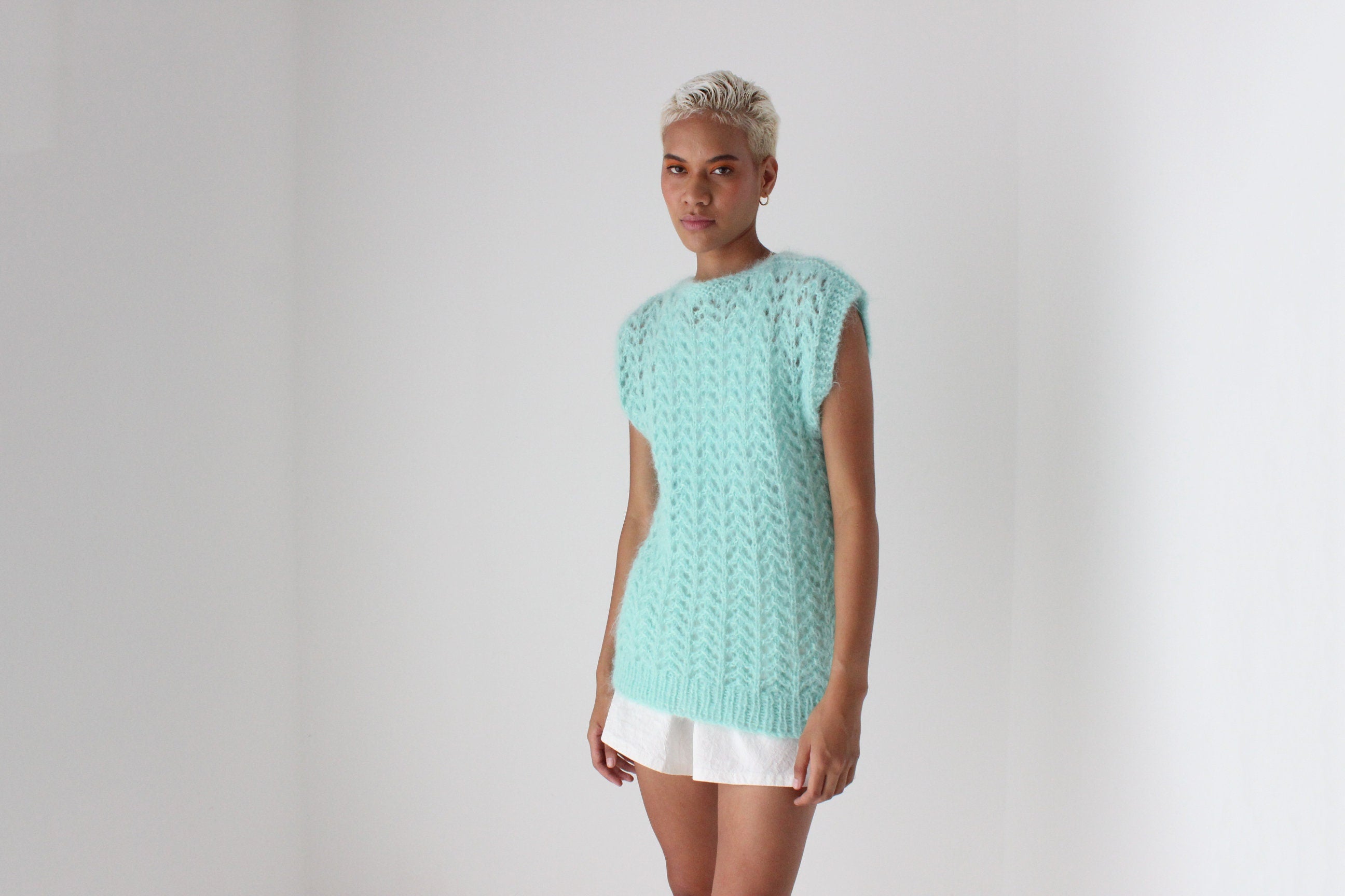 80s Pastel Hand Knit Mohair Sweater Vest Top