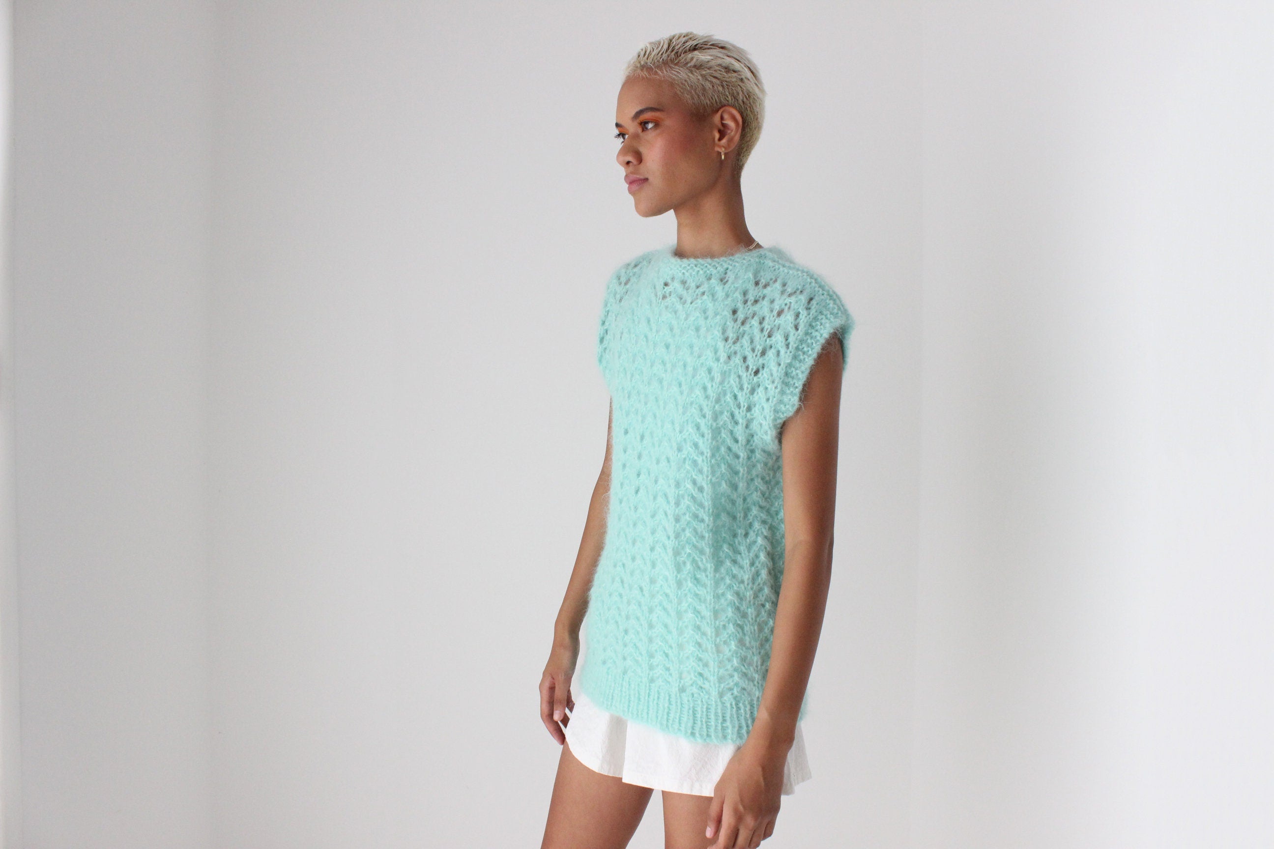 80s Pastel Hand Knit Mohair Sweater Vest Top