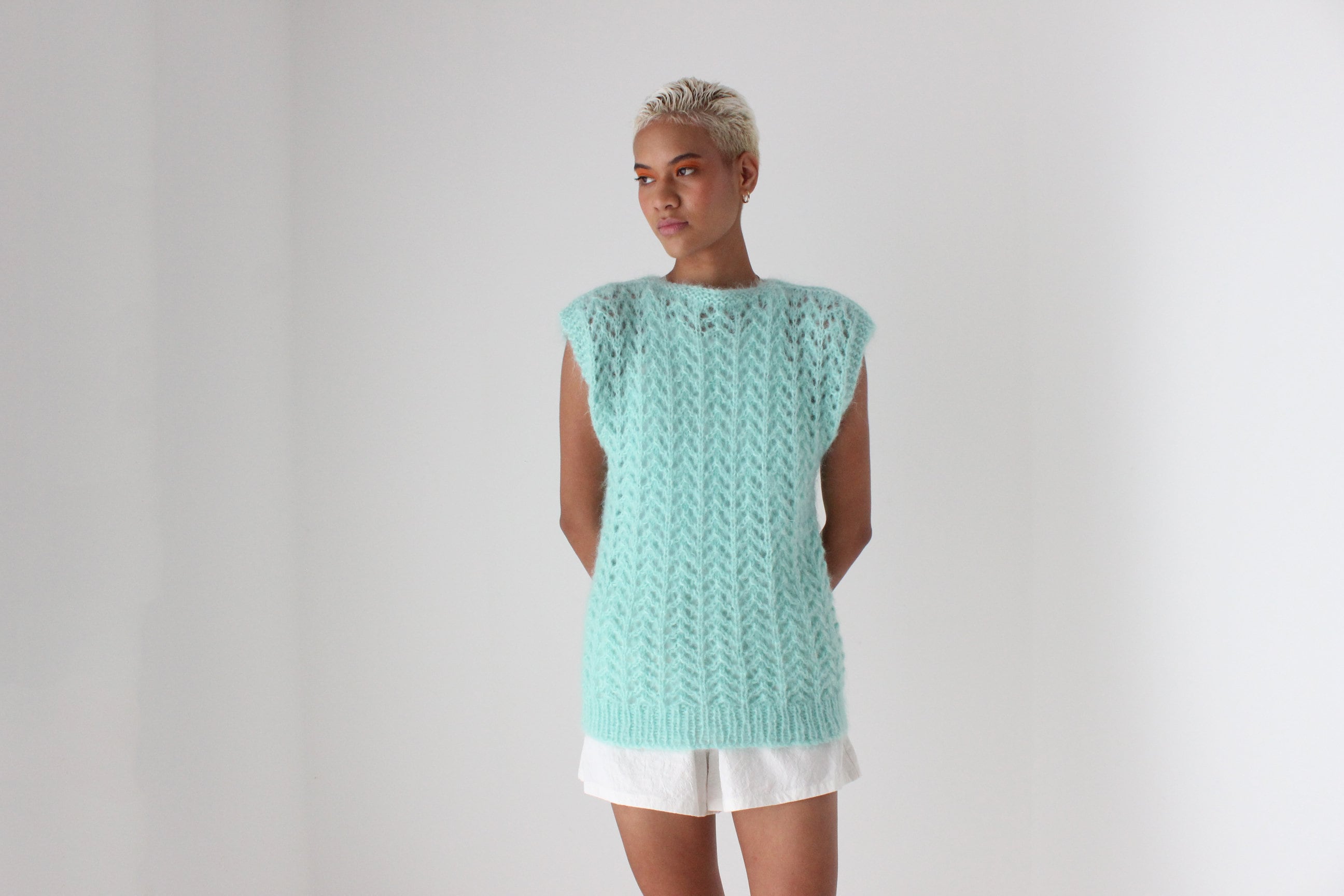 80s Pastel Hand Knit Mohair Sweater Vest Top