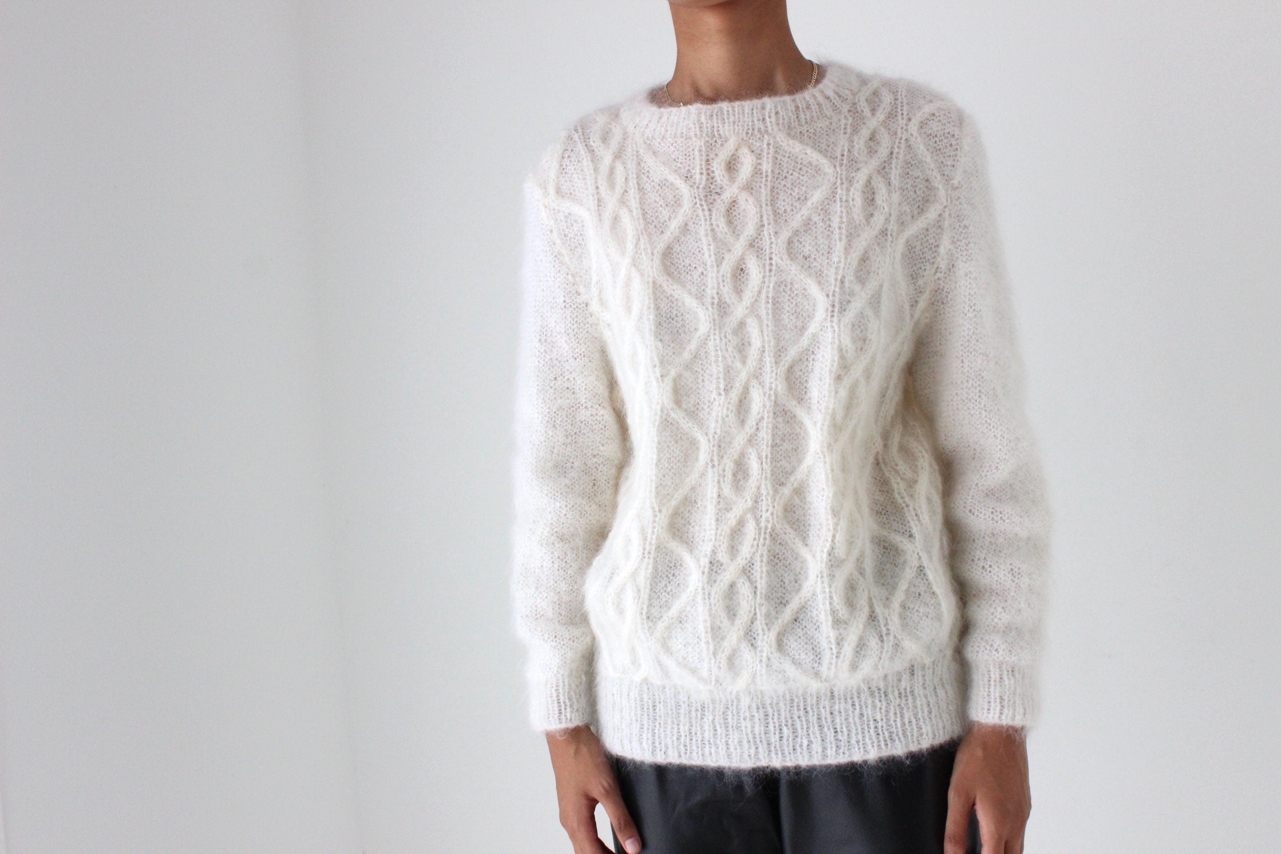 80s Ivory Mohair Hand Knit Textured Fluffy Sweater
