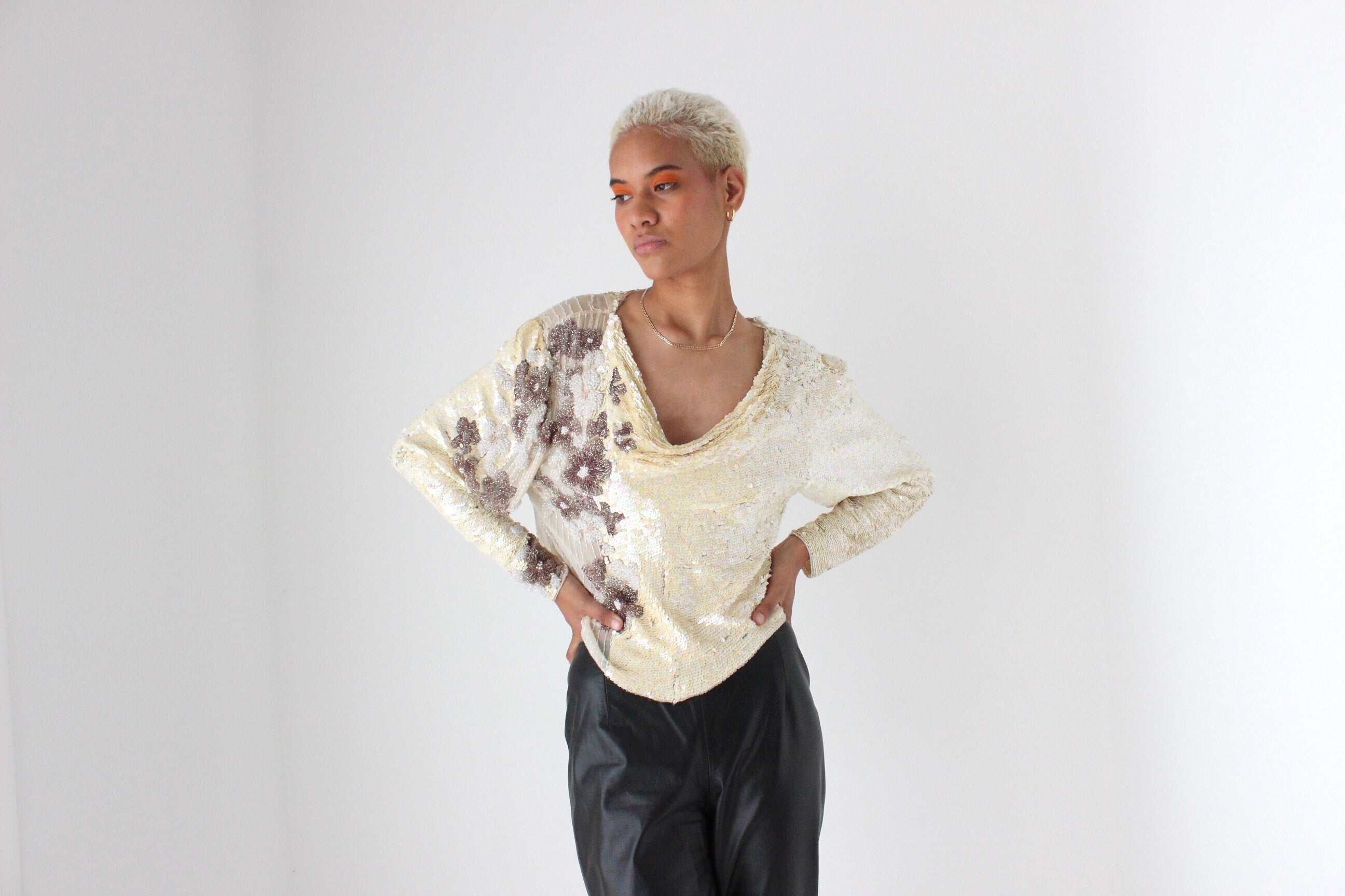 80s Intricately Hand Beaded Sequin & Silk Disco Top