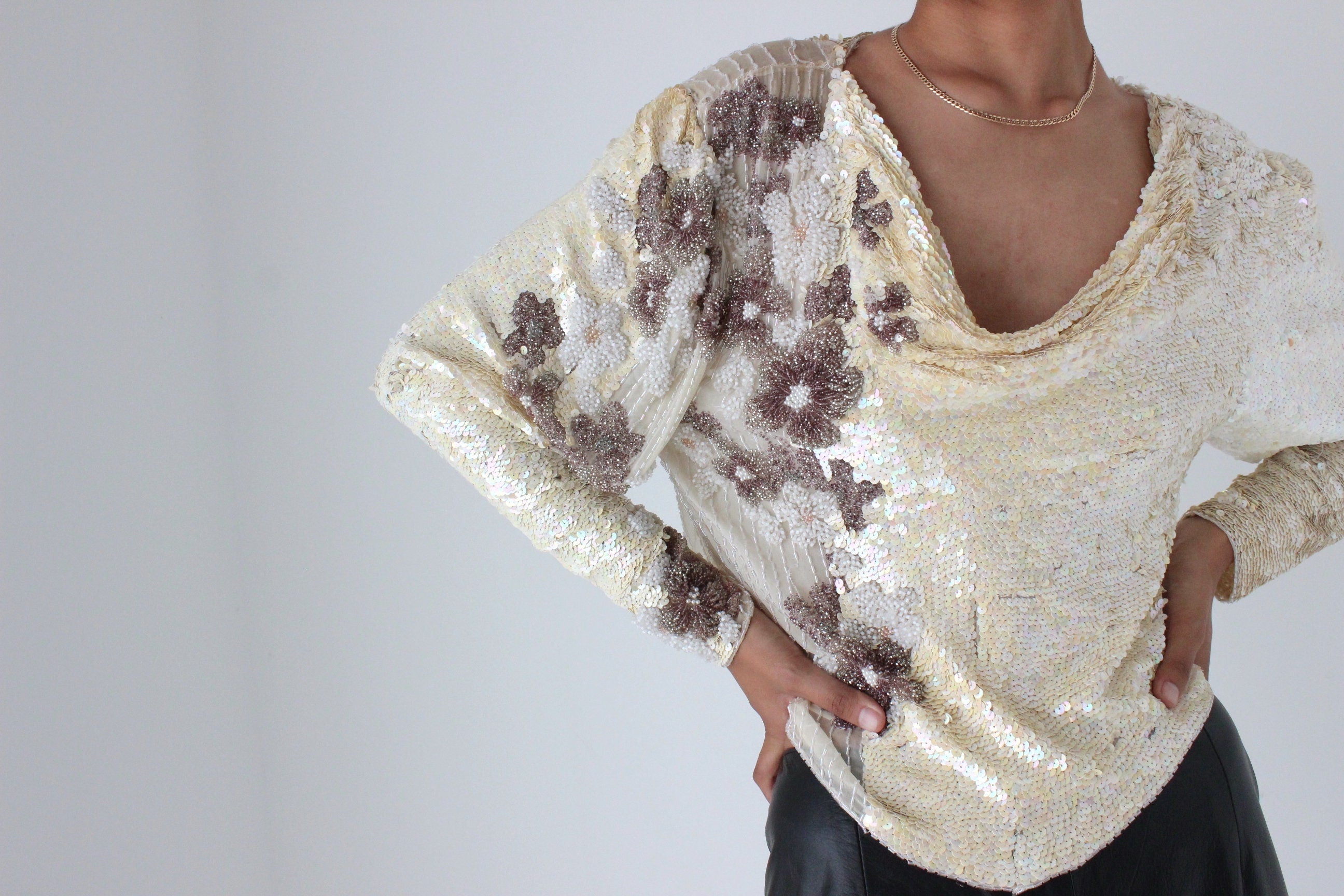 80s Intricately Hand Beaded Sequin & Silk Disco Top