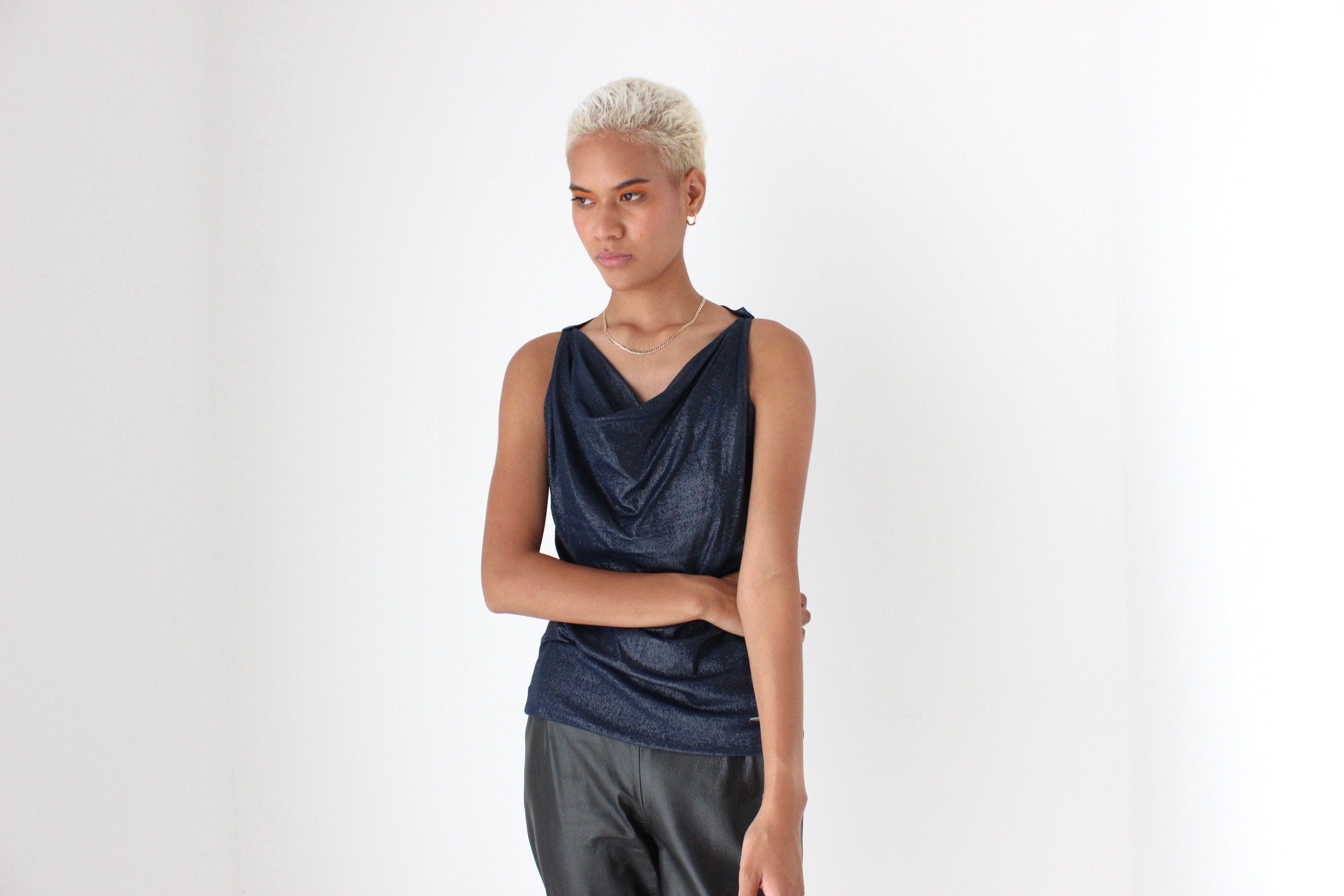 Y2K GUCCI by Tom Ford Midnight Metallic Cowl Neck Disco Top