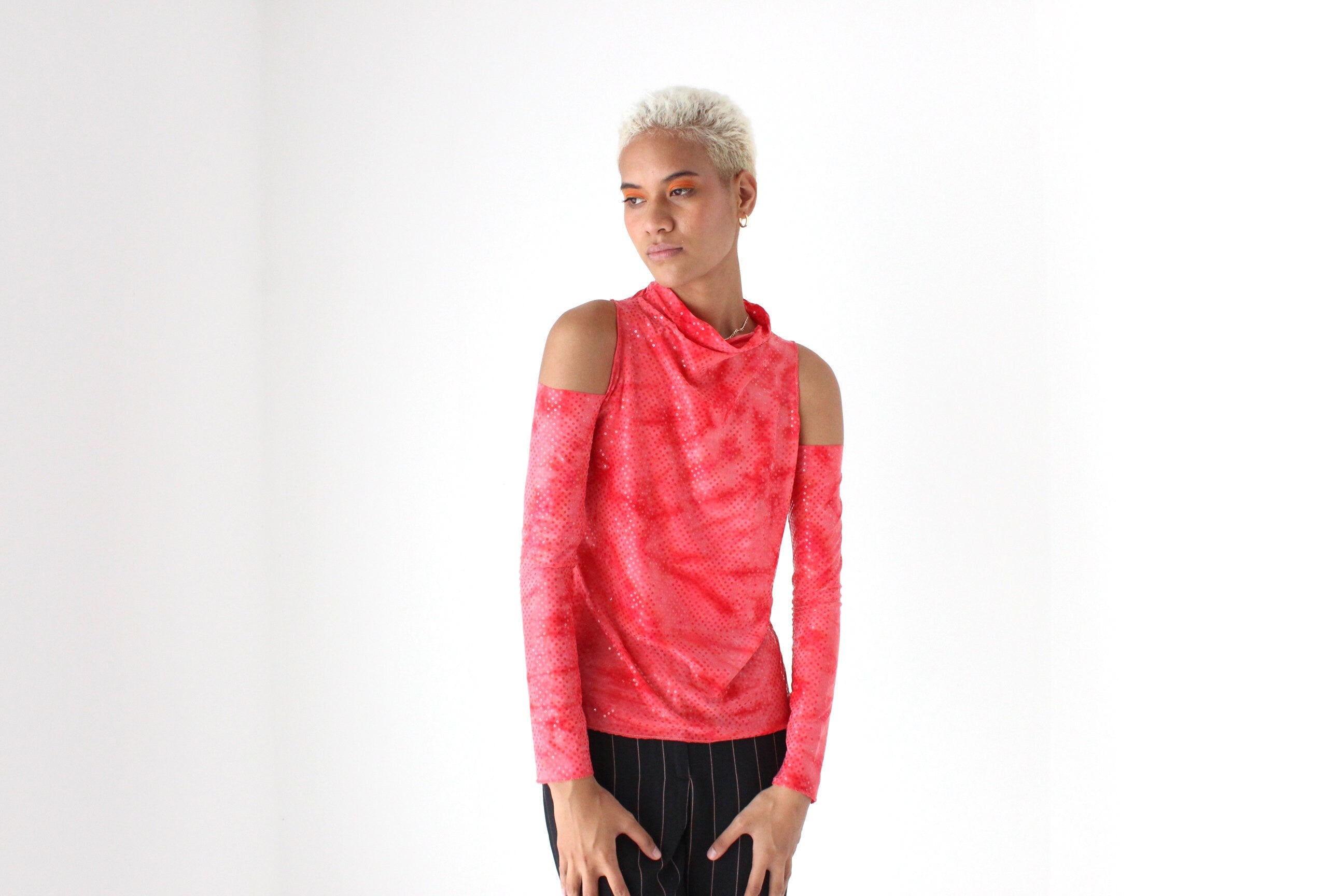 2000s Cold Shoulder Sparkly Sequin Rave Top