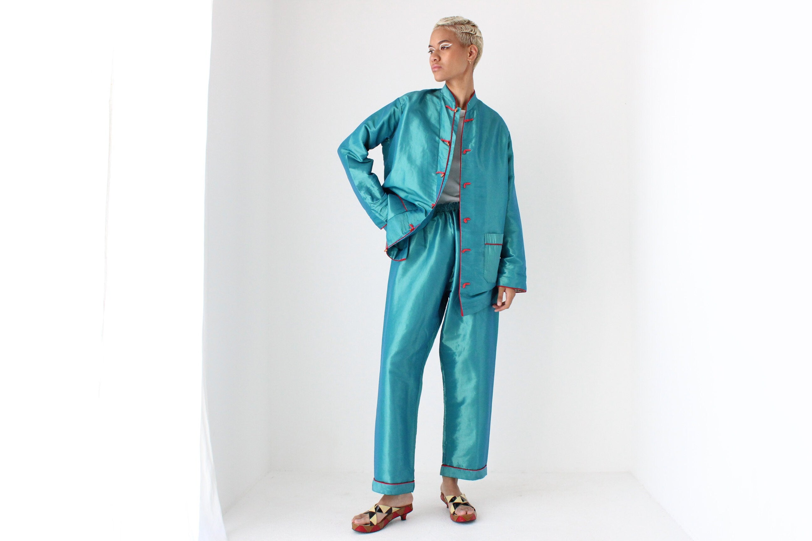 Amazing 80s Holographic Two Piece Chinese Lounge Suit Set