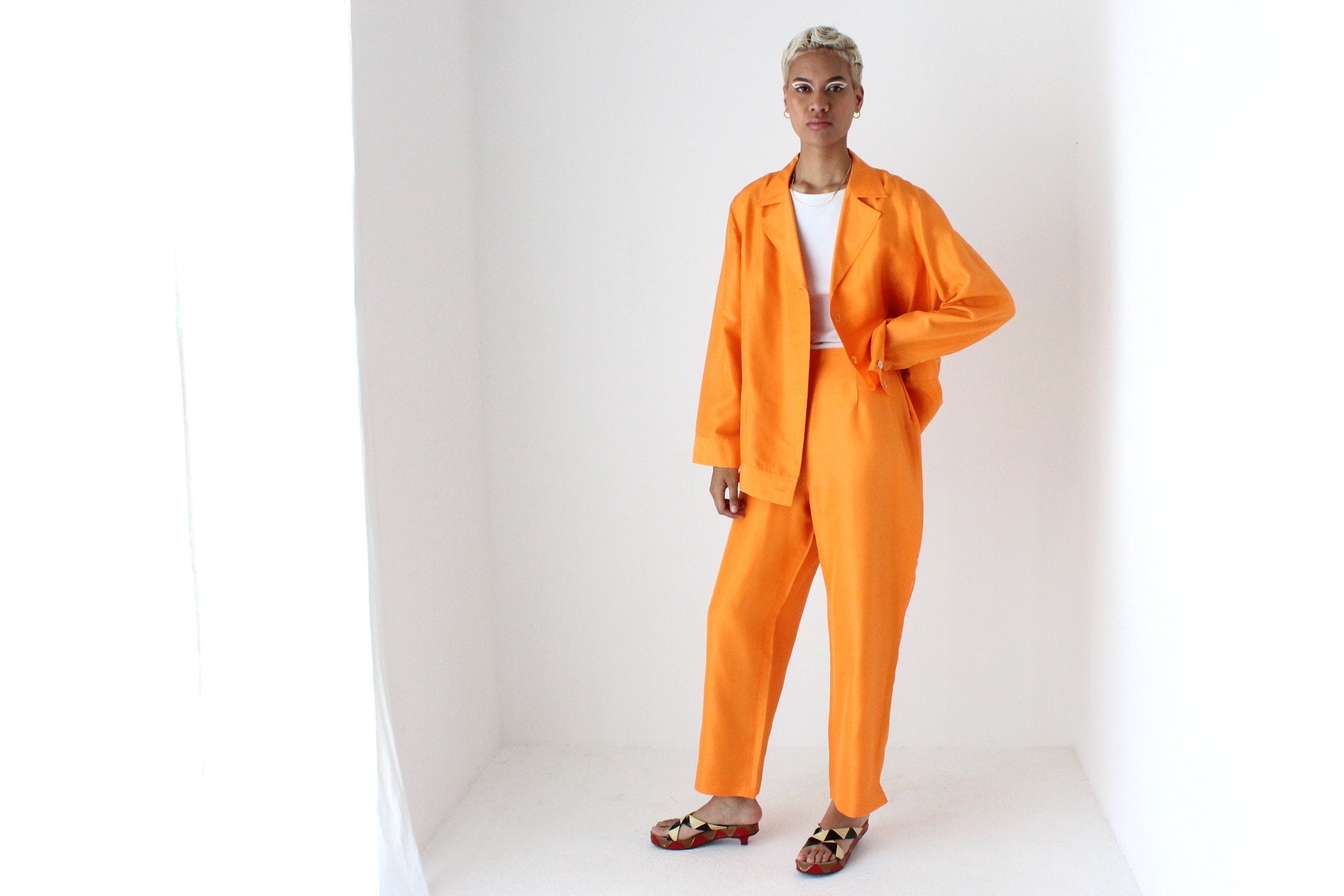 80s Vibrant Pure Silk Boxy Two Piece Cruise Suit