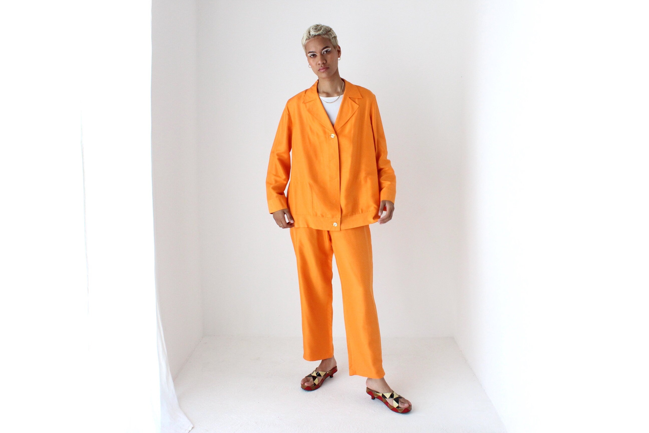 80s Vibrant Pure Silk Boxy Two Piece Cruise Suit