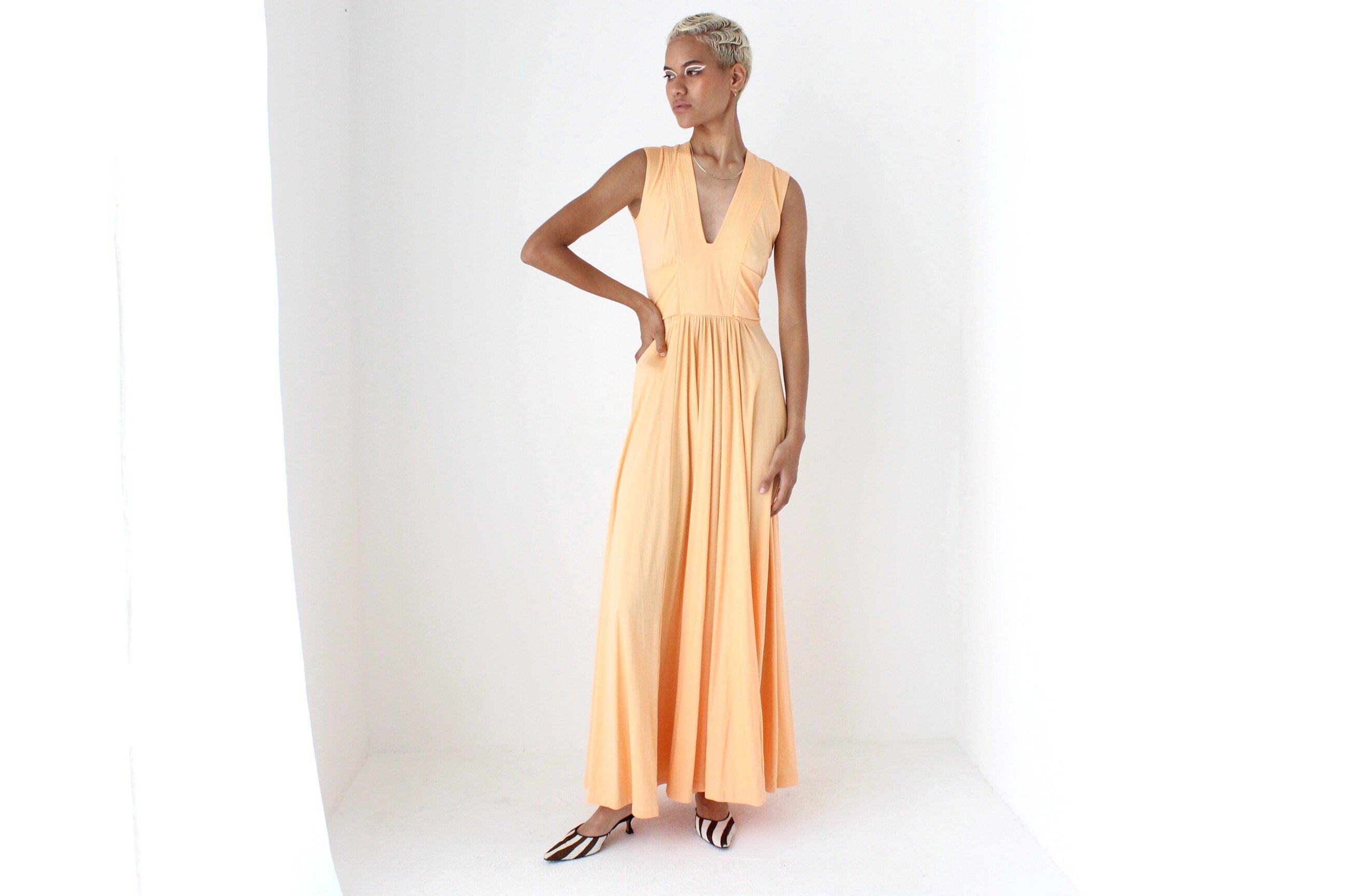 70s Sweeping Peach Jersey Disco Gown