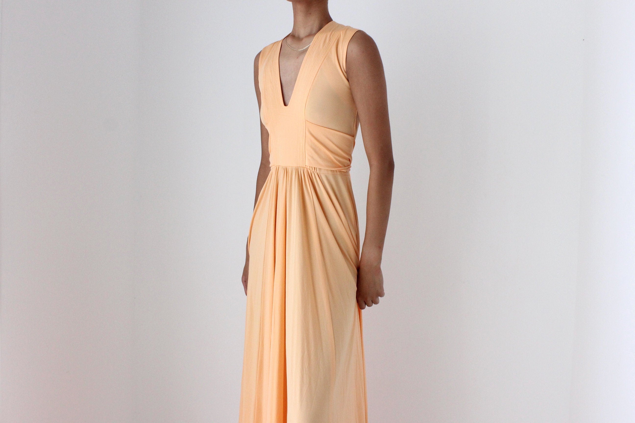 70s Sweeping Peach Jersey Disco Gown