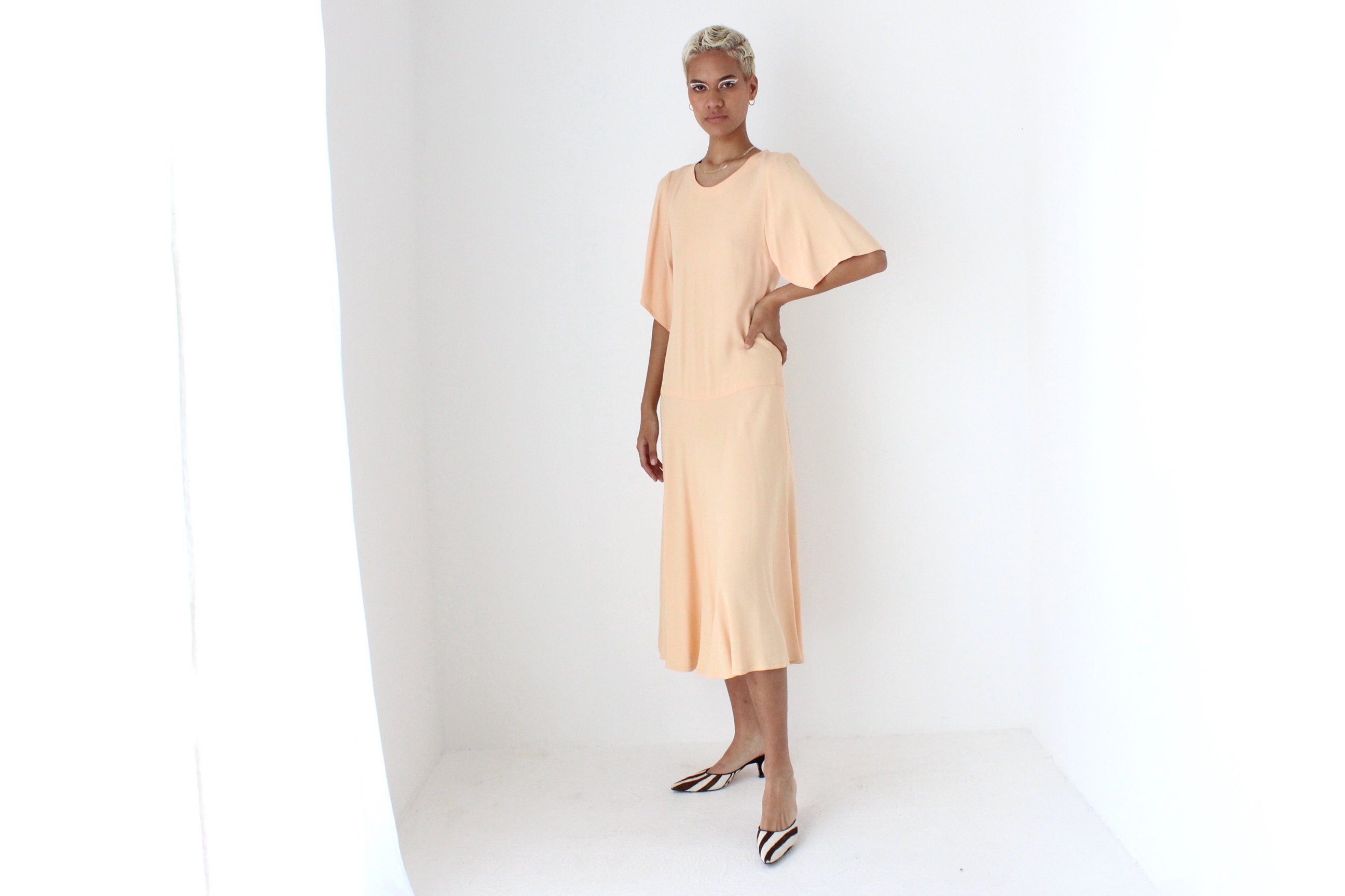 80s Sonia Rykiel Paris Pastel Peach Flutter Sleeve Dress