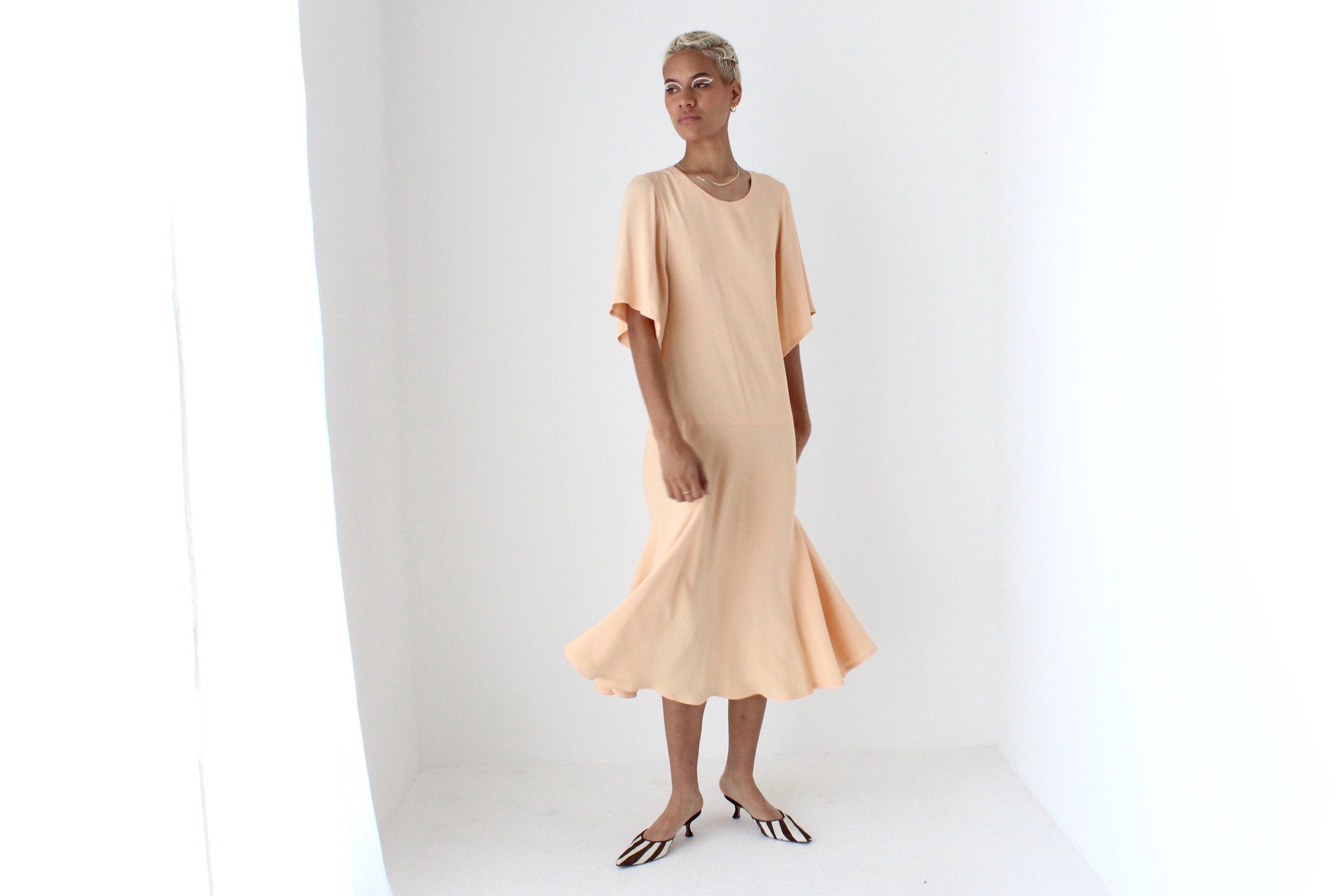 80s Sonia Rykiel Paris Pastel Peach Flutter Sleeve Dress