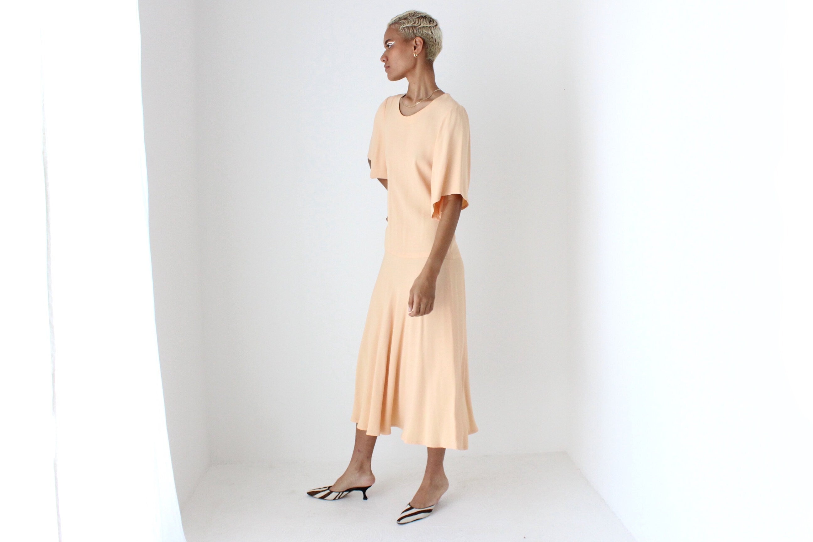 80s Sonia Rykiel Paris Pastel Peach Flutter Sleeve Dress