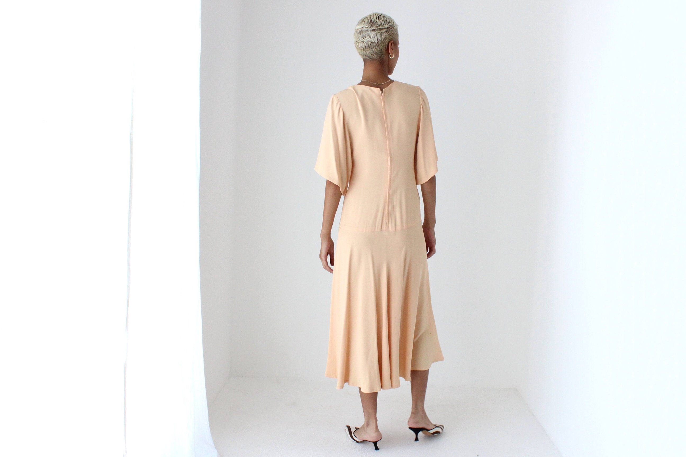 80s Sonia Rykiel Paris Pastel Peach Flutter Sleeve Dress