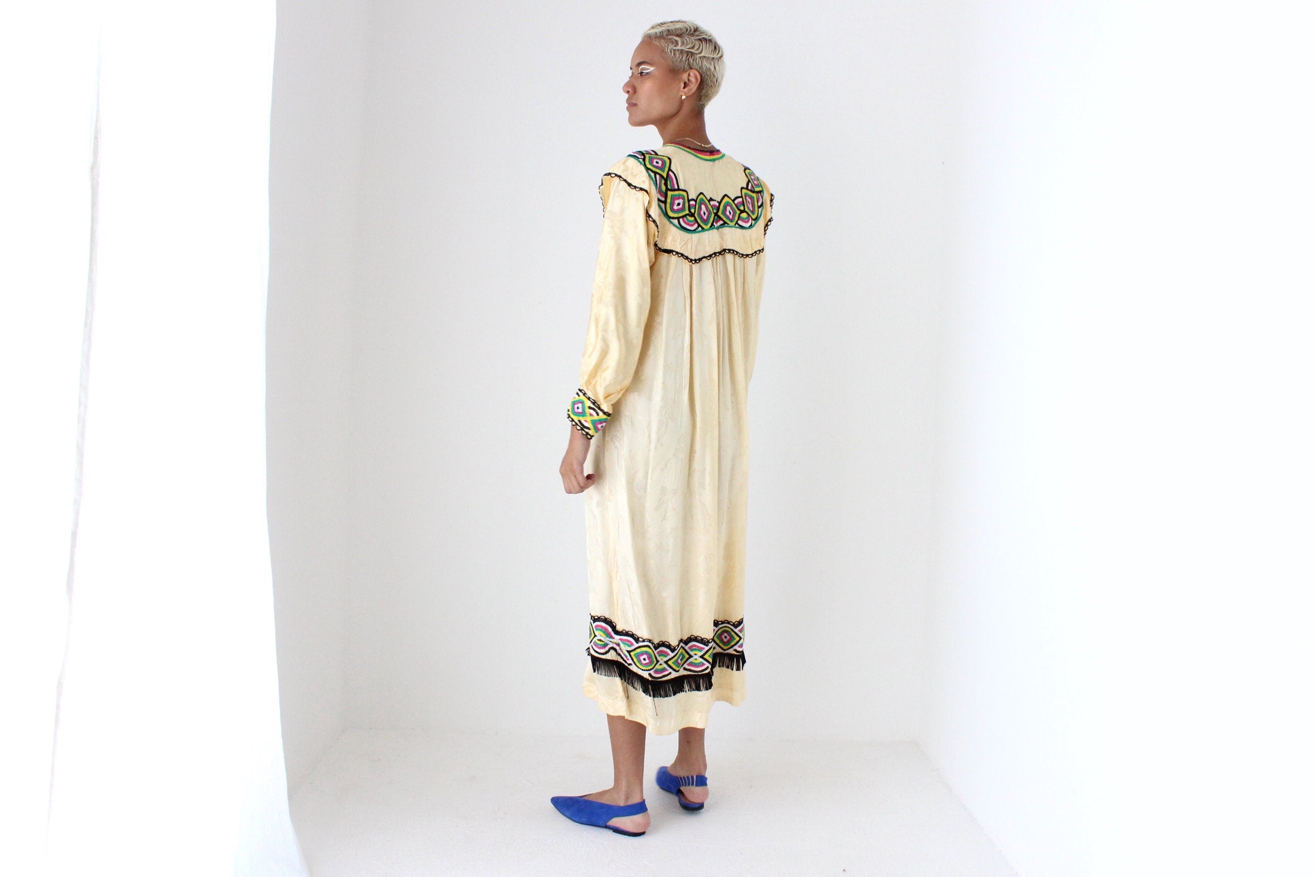 90s Peachy Jacquard Smock w/ Embroidery & Ruffles