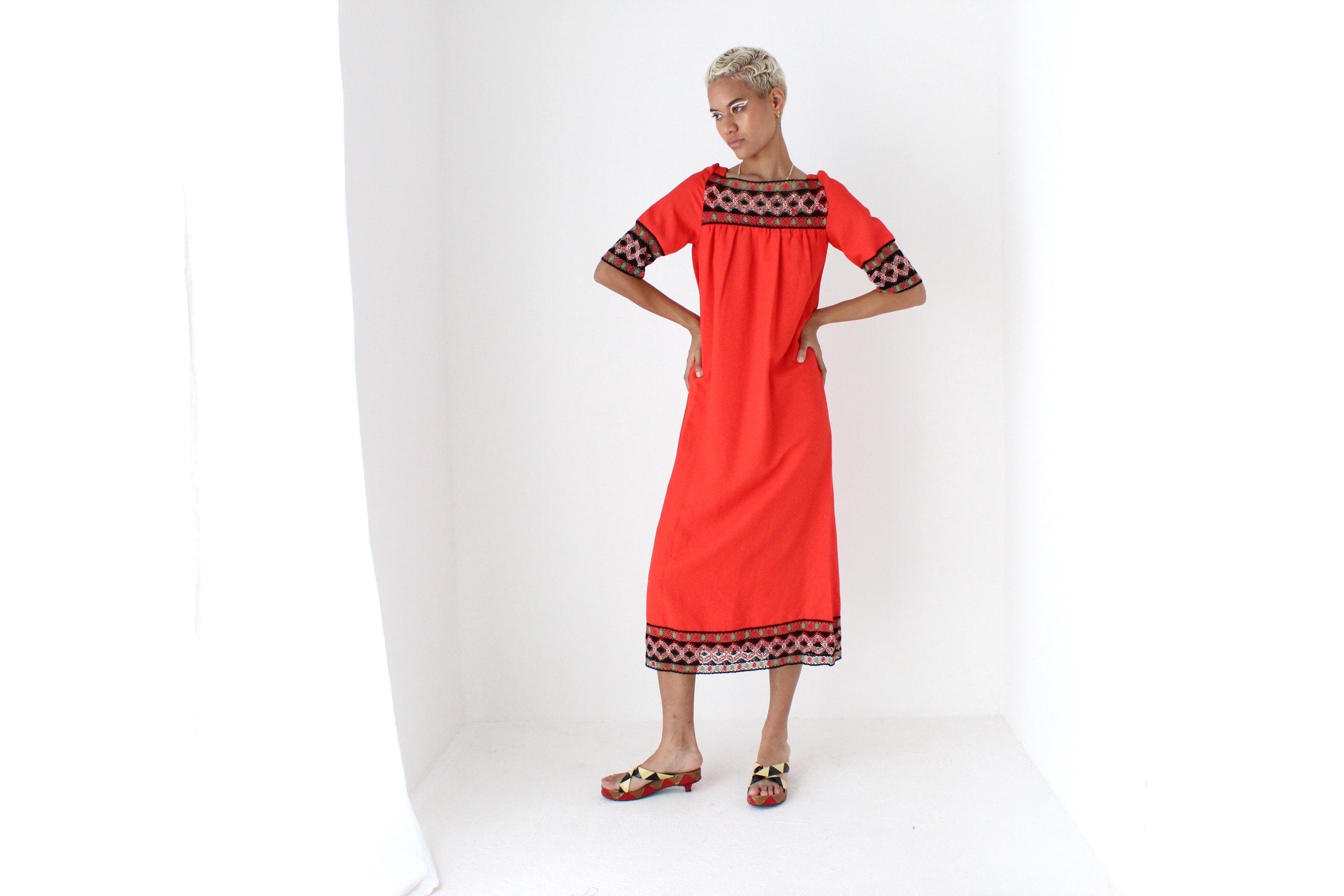 Vintage 70s Intricate Folk Embroidered Coral Red Crepe Smock