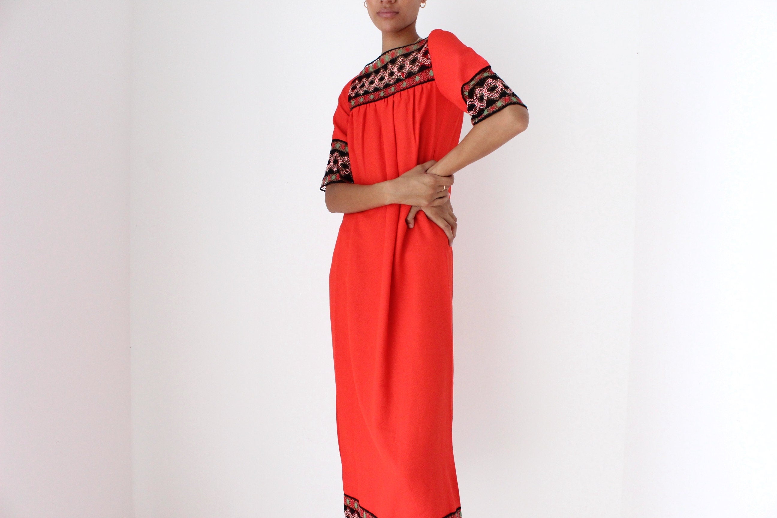 Vintage 70s Intricate Folk Embroidered Coral Red Crepe Smock