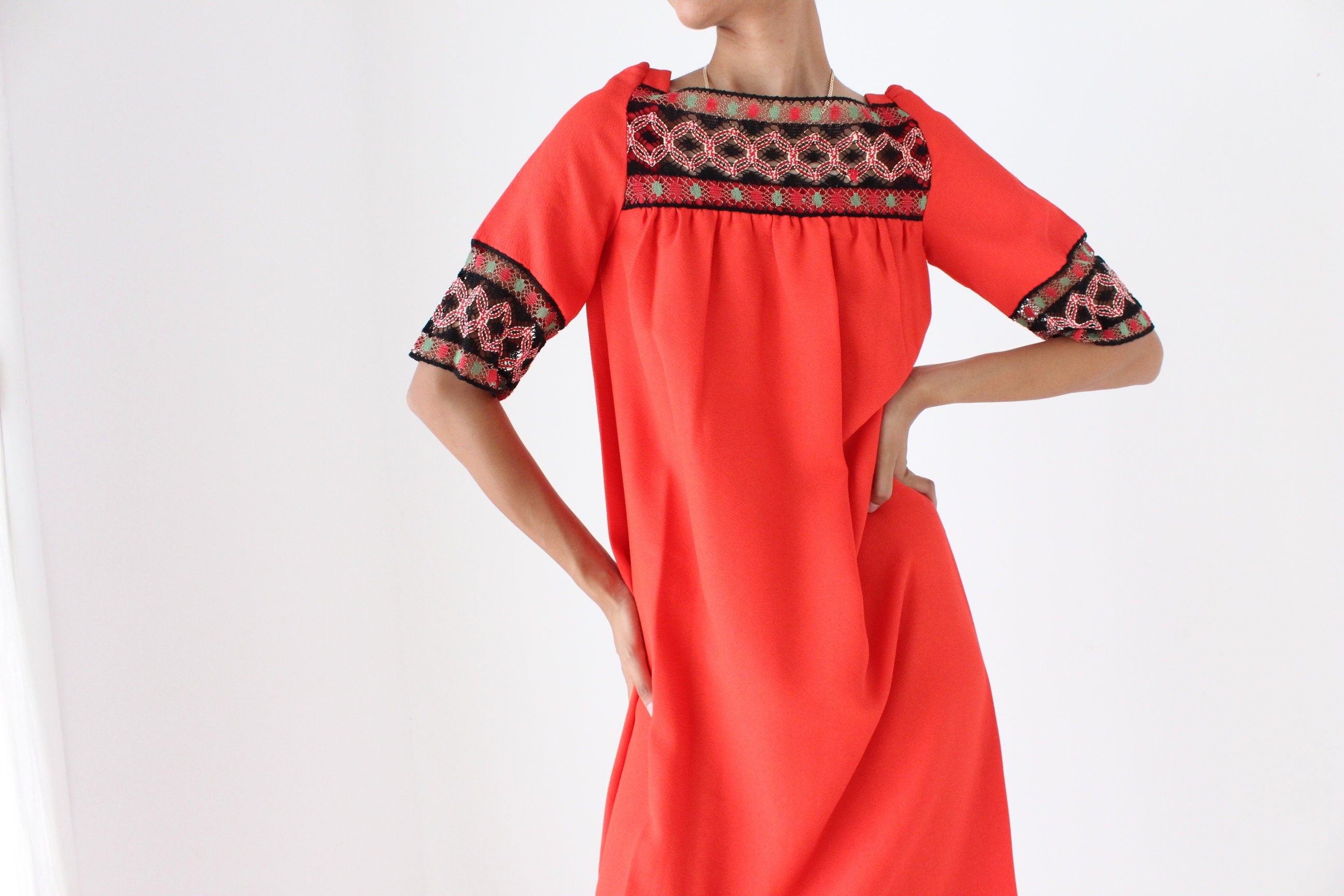Vintage 70s Intricate Folk Embroidered Coral Red Crepe Smock