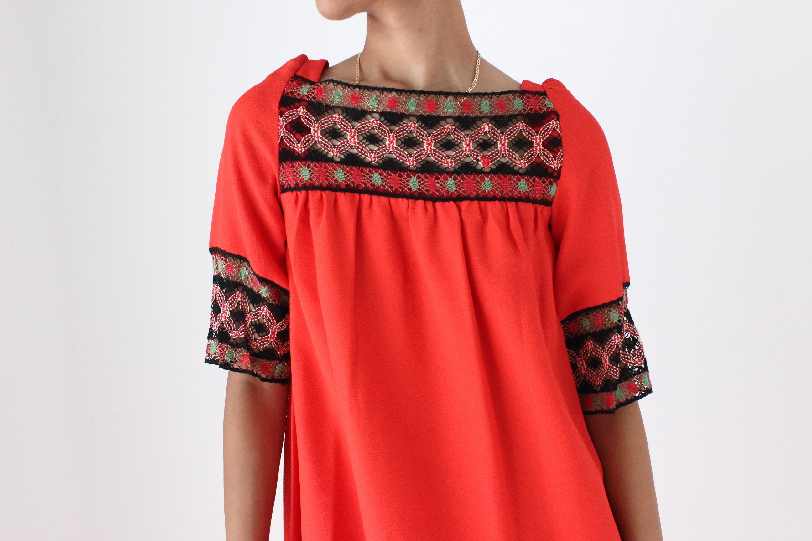 Vintage 70s Intricate Folk Embroidered Coral Red Crepe Smock