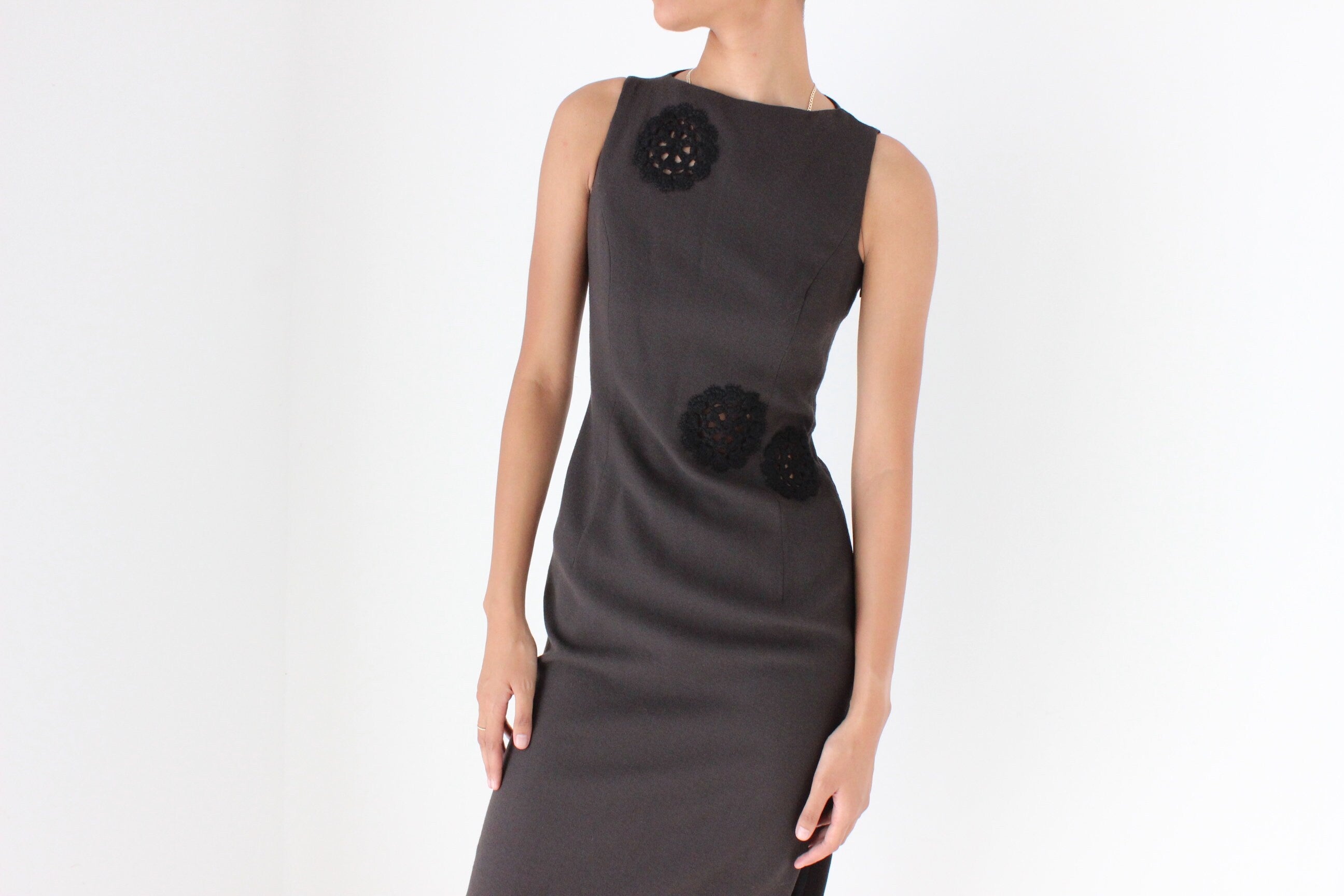 2000s John Galliano Silk / Wool Designer LBD w/ Crochet Cut Outs