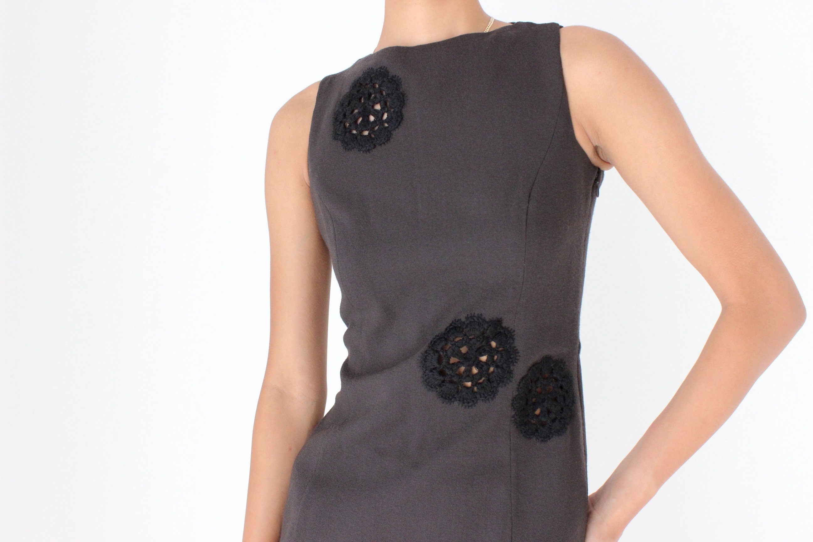 2000s John Galliano Silk / Wool Designer LBD w/ Crochet Cut Outs