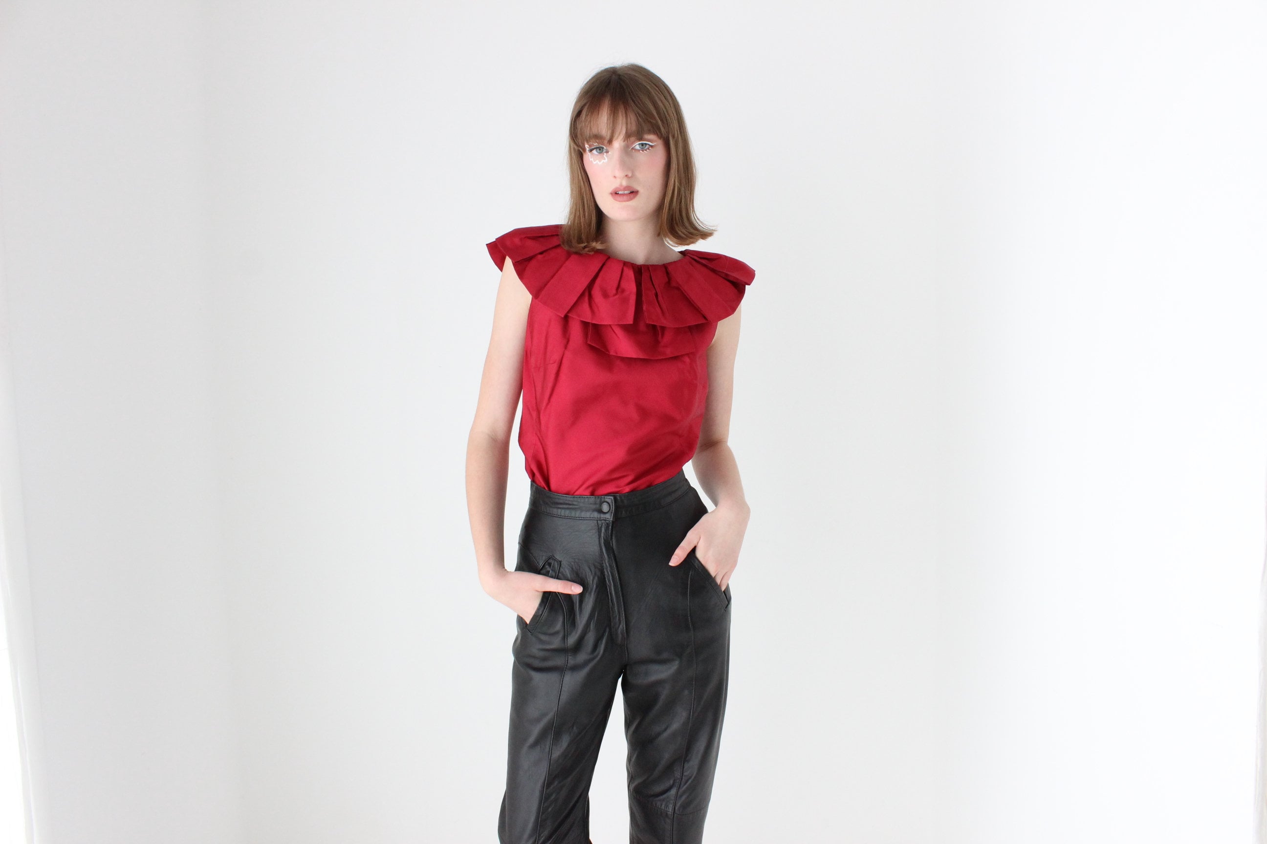 2000s Moschino Vintage Red Silk Taffeta Harlequin Collar Top
