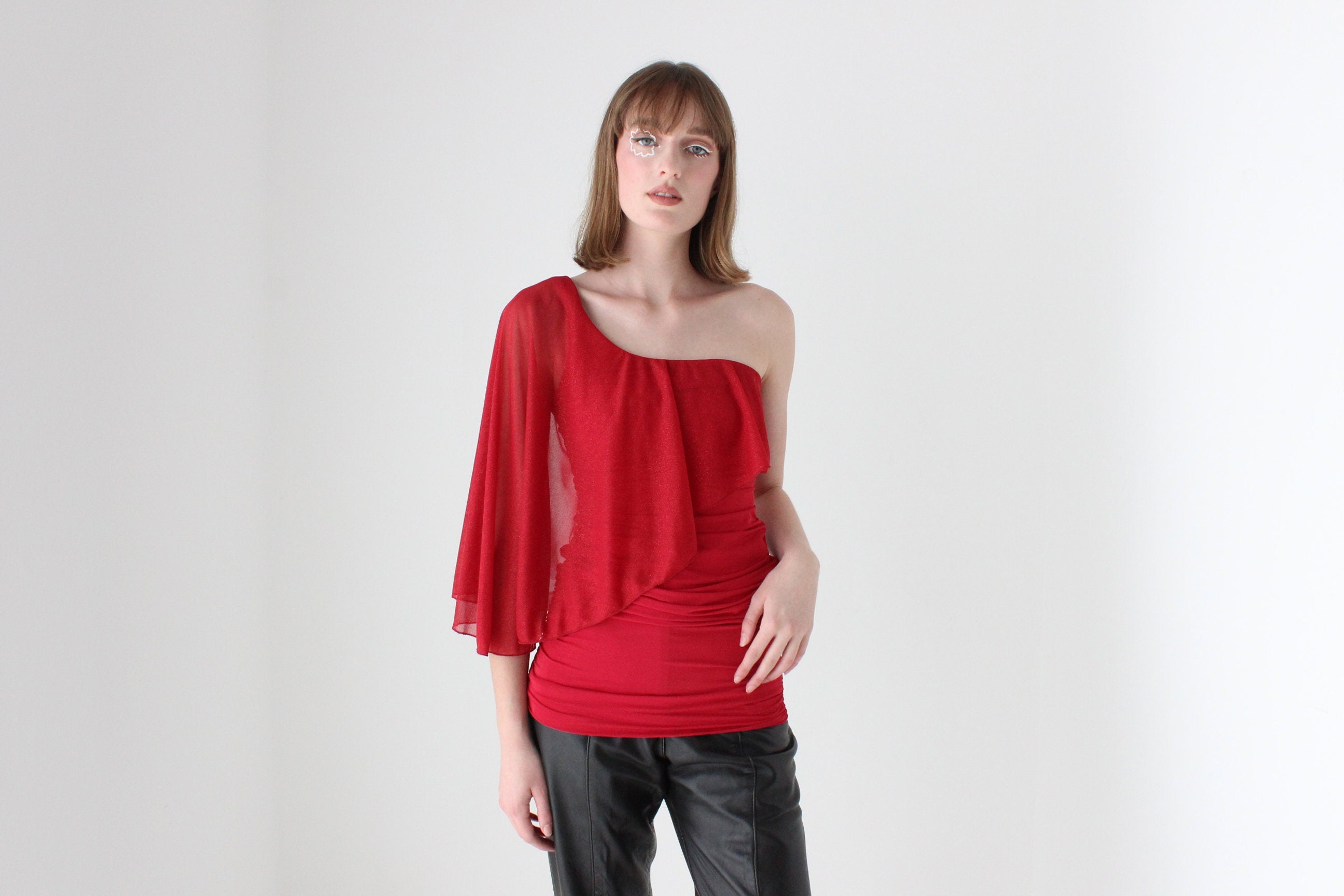 Funky Y2K One Shoulder Ruched Glitter Disco Top