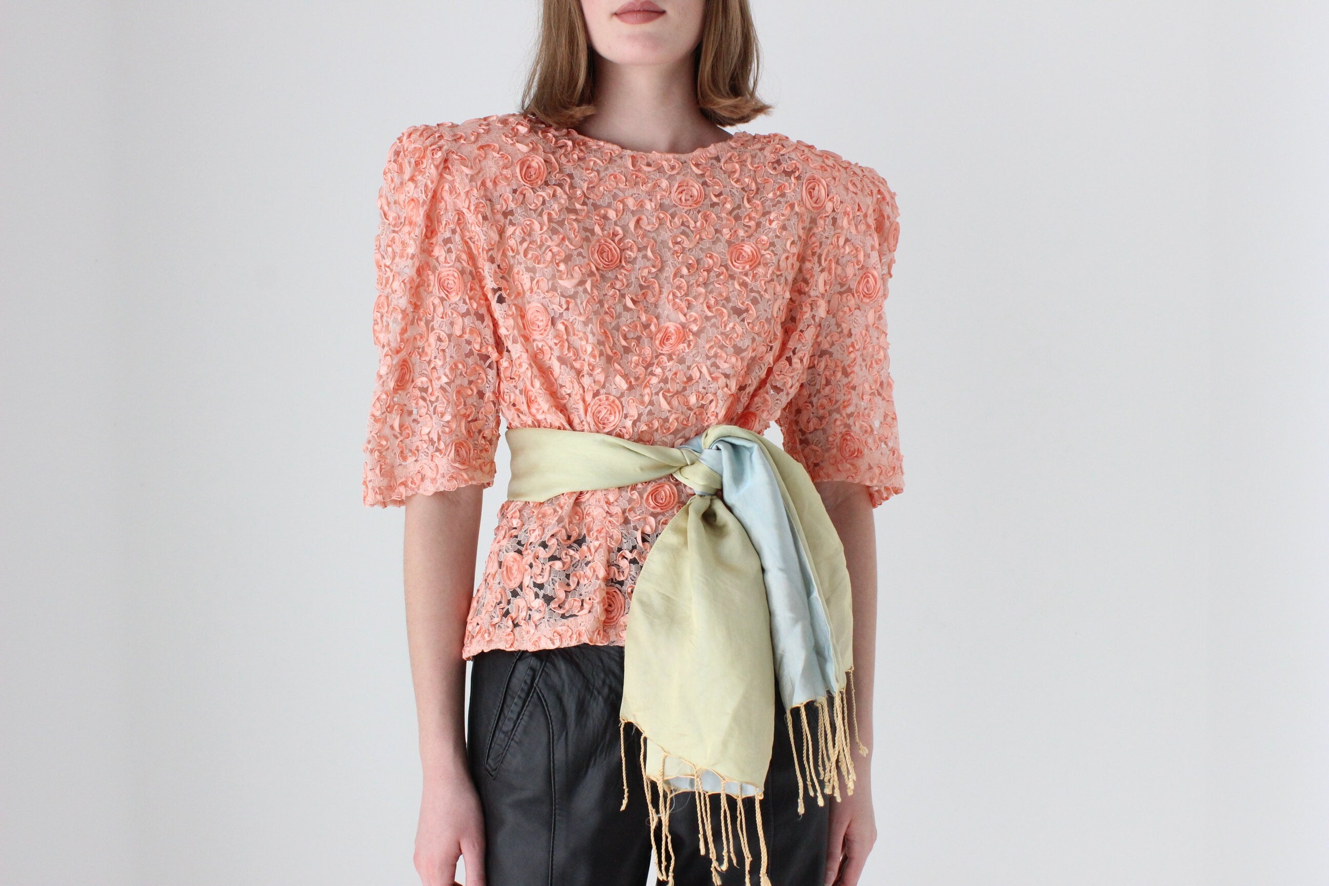 Extravagant 80s Puff Sleeve Textured Peach Top