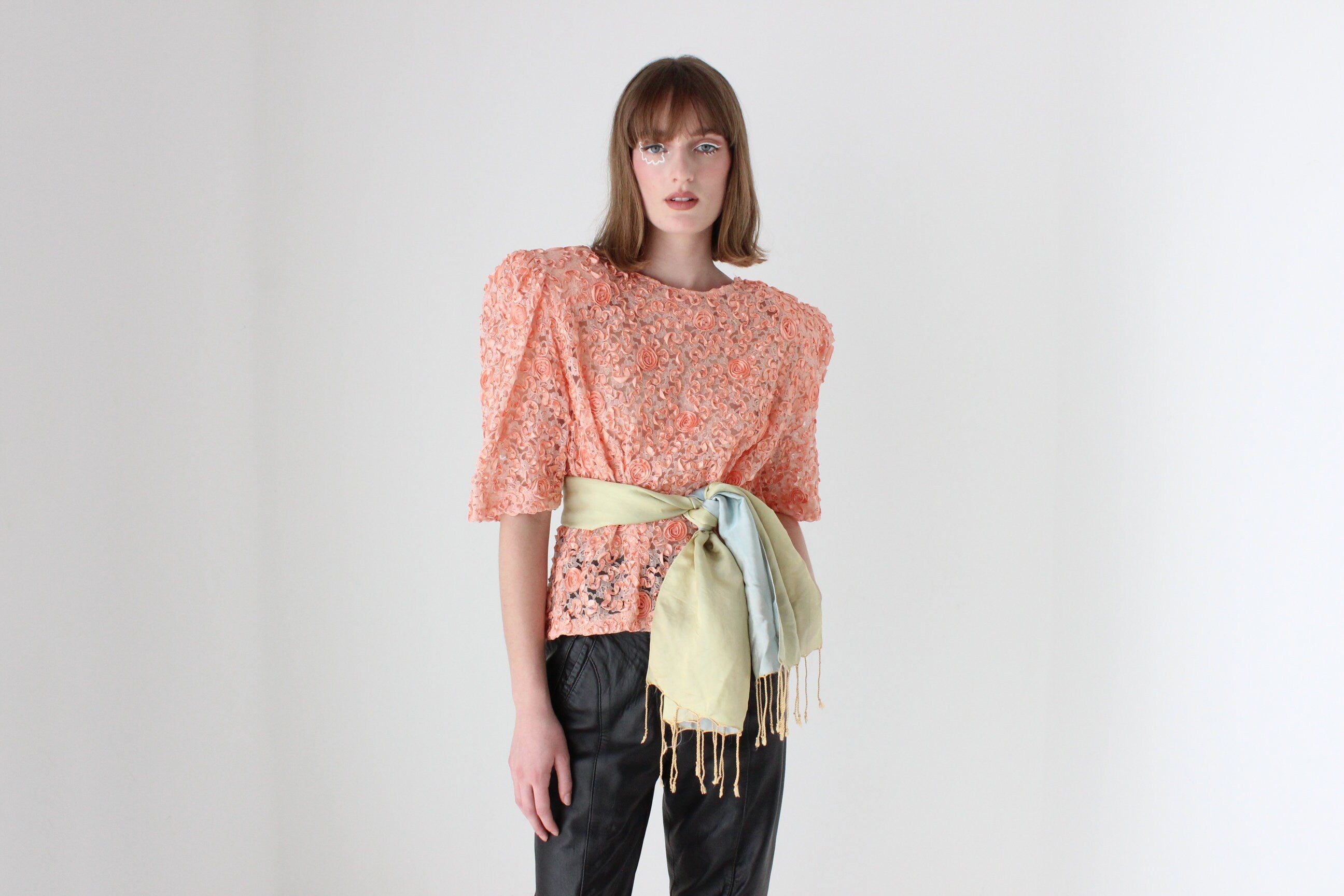 Extravagant 80s Puff Sleeve Textured Peach Top