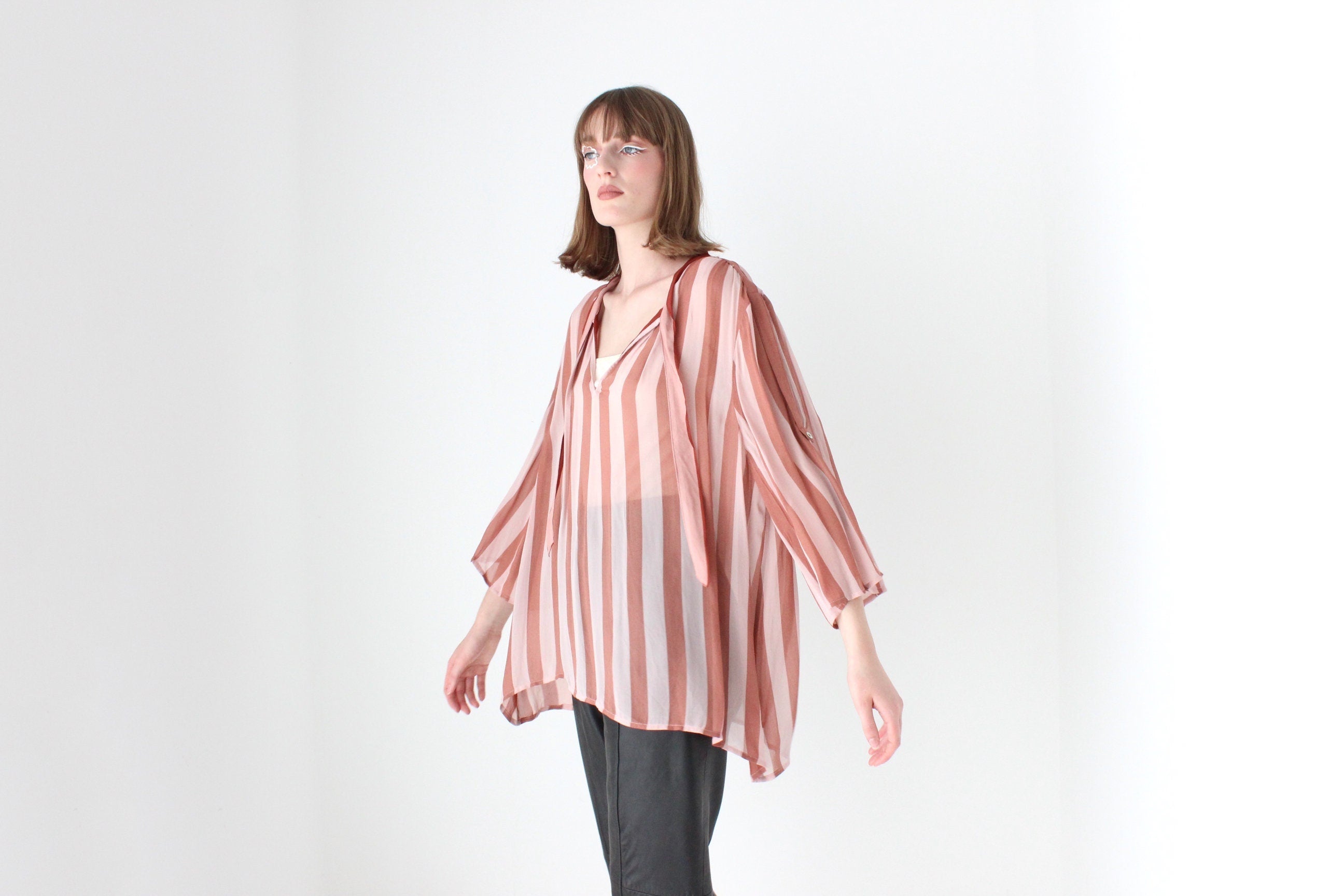 Y2K Pure Silk Striped Roomy & Relaxed Long Sleeve Blouse