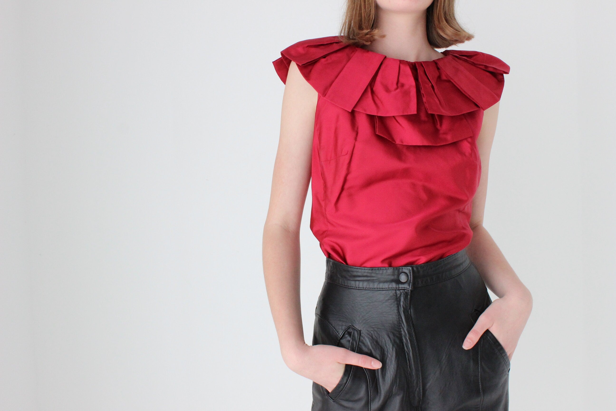 2000s Moschino Vintage Red Silk Taffeta Harlequin Collar Top