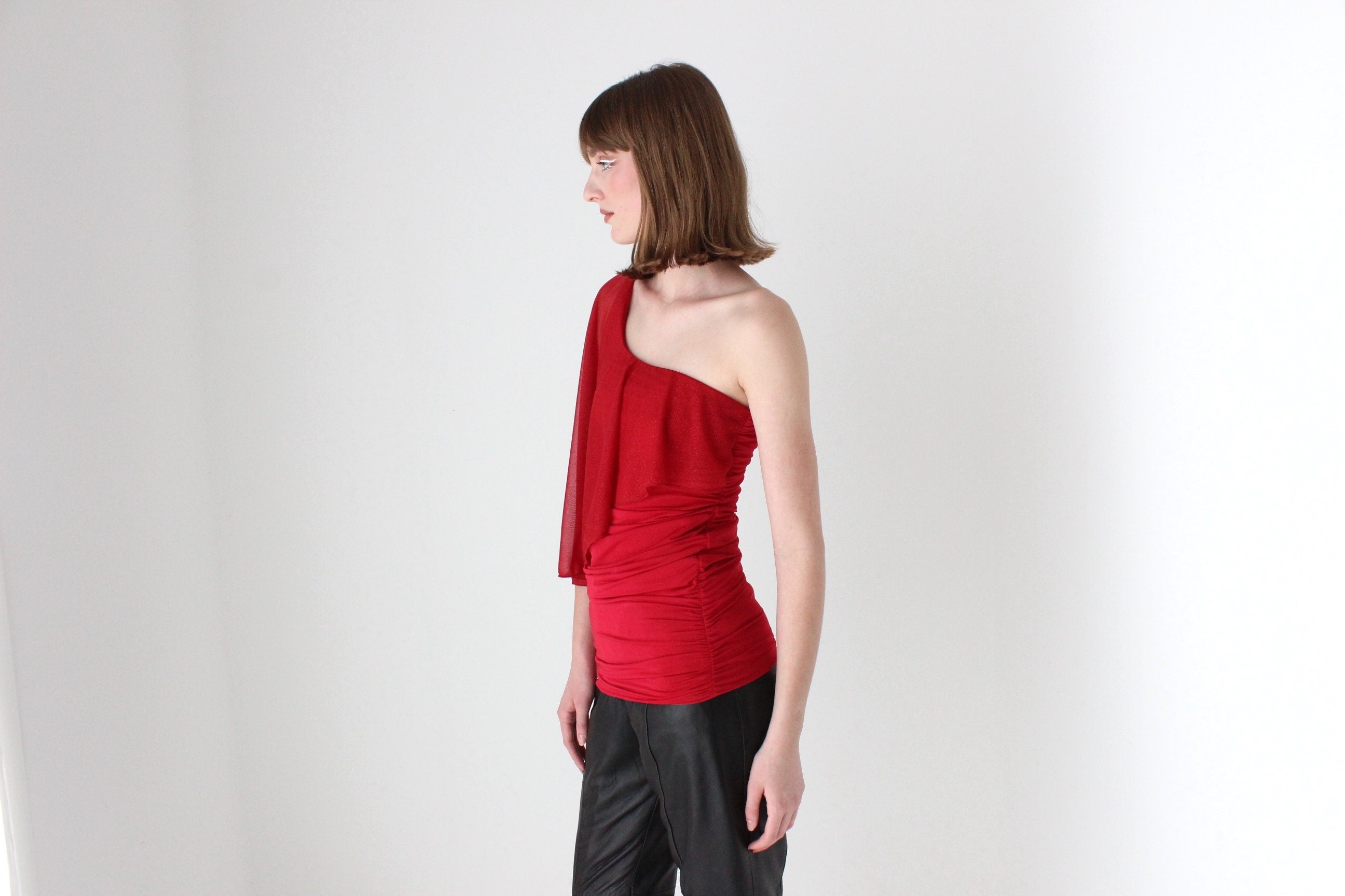 Funky Y2K One Shoulder Ruched Glitter Disco Top
