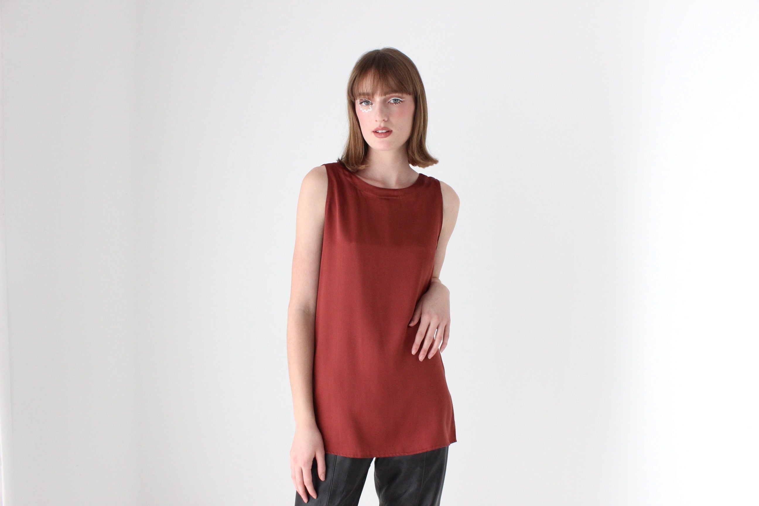 90s Pure Silk Sleeveless Tank Top in Rust Red