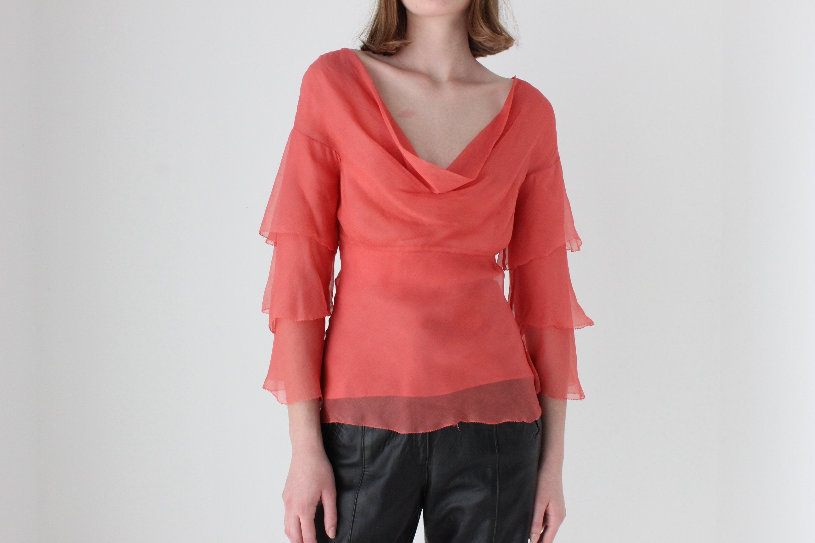 Y2K Designer CATHERINE MALANDRINO Watermelon Silk Tiered Ruffle Sleeve Top