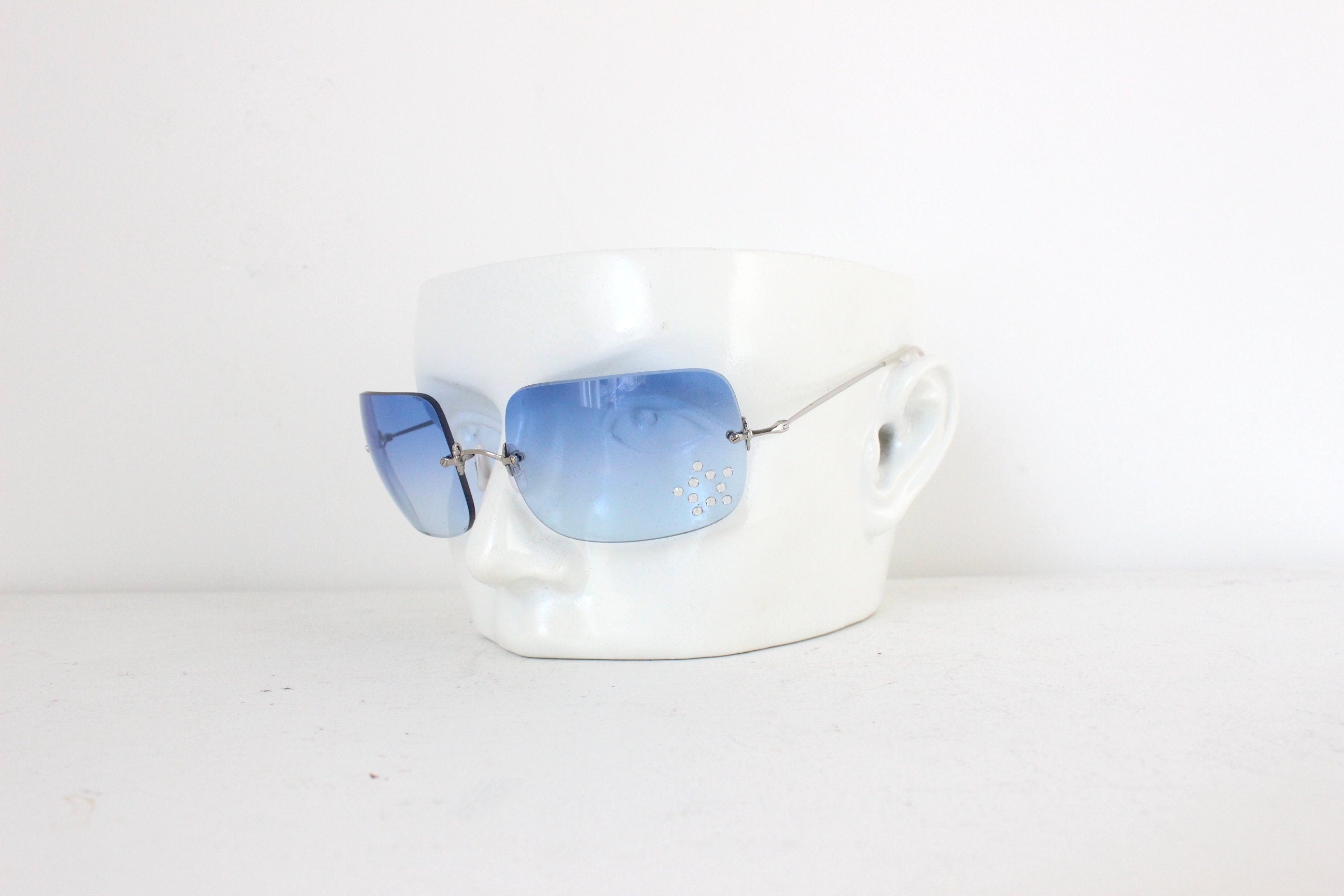 Y2K Oliver Peoples Frameless Blue Square Sunglasses w/ Rhinestone Star