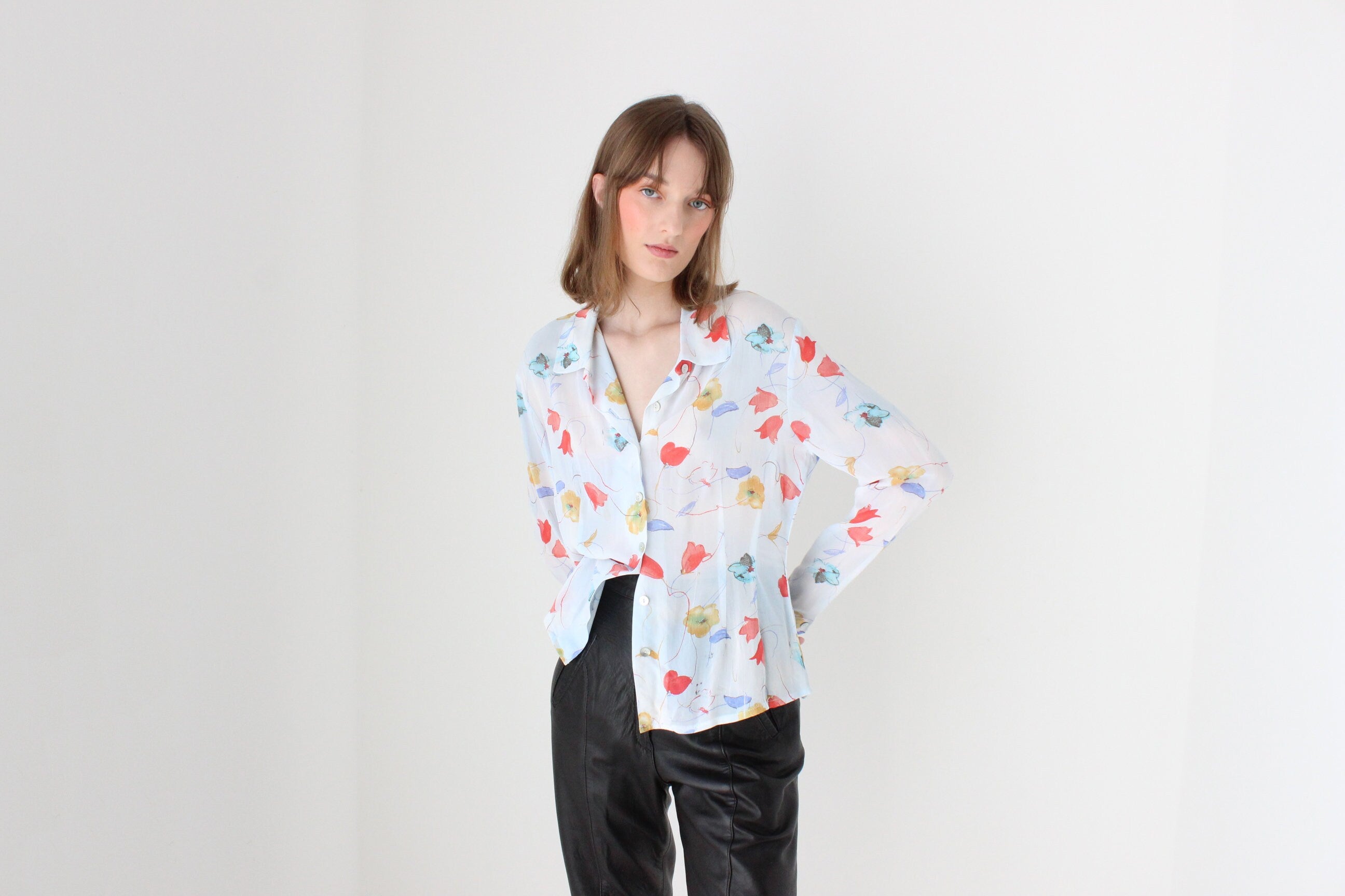 90s Pastel Floral Button Up Blouse