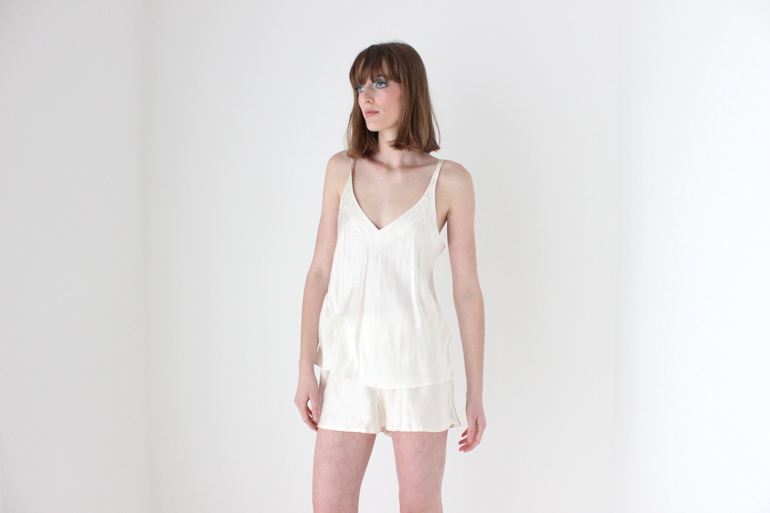 90s PURE SILK Snow White Minimal Top & Shorts Pyjama Set