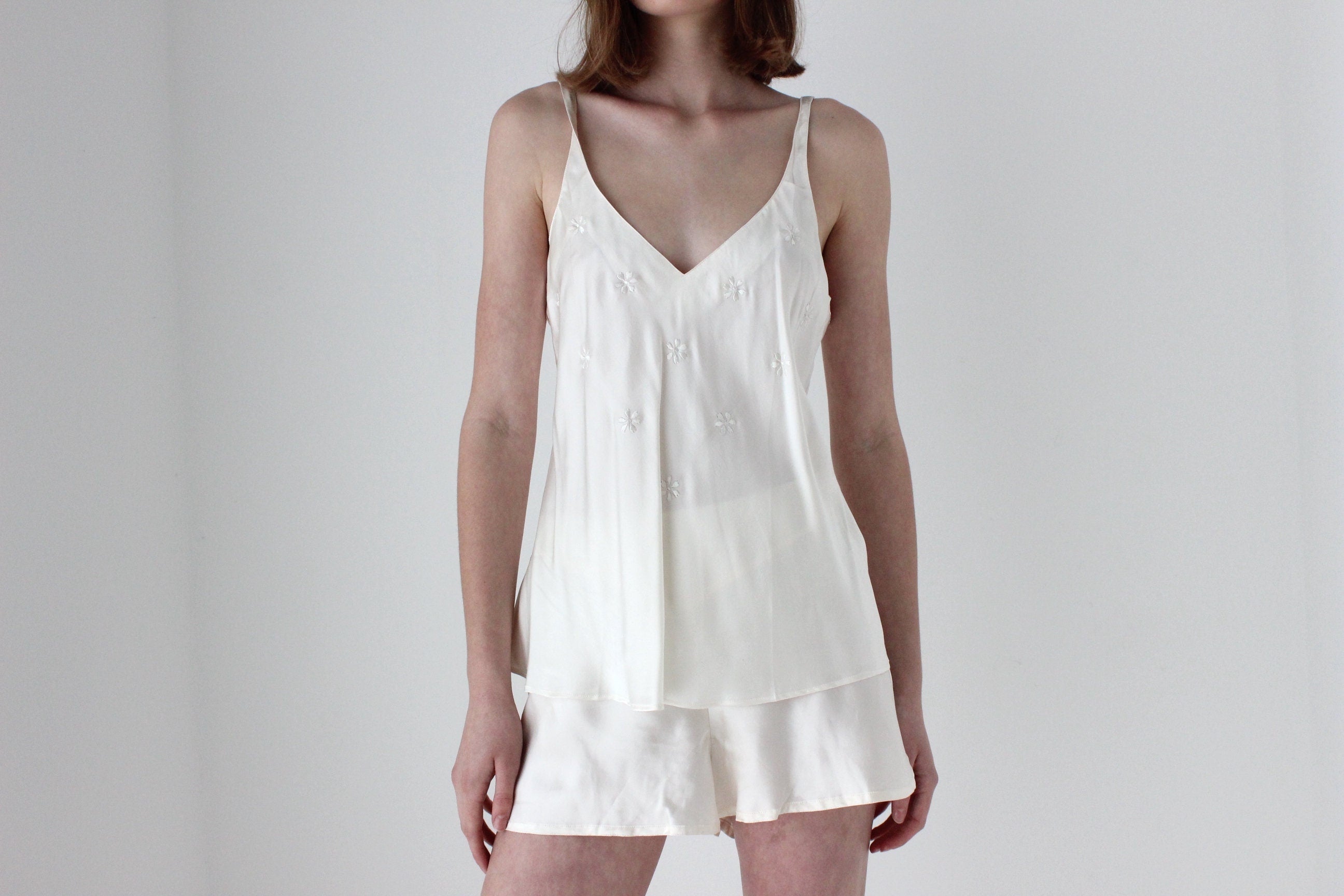 90s PURE SILK Snow White Minimal Top & Shorts Pyjama Set