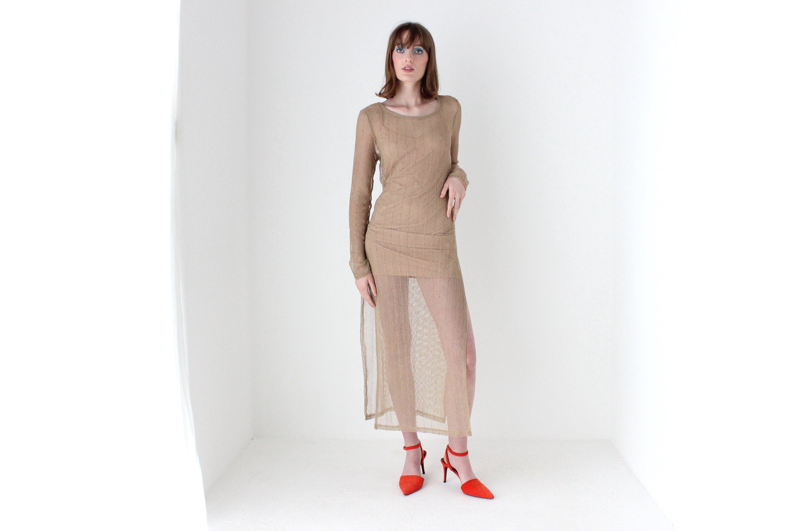 Y2K Flesh Mesh Fishnet Open Knit Long Sleeve Sheath Dress