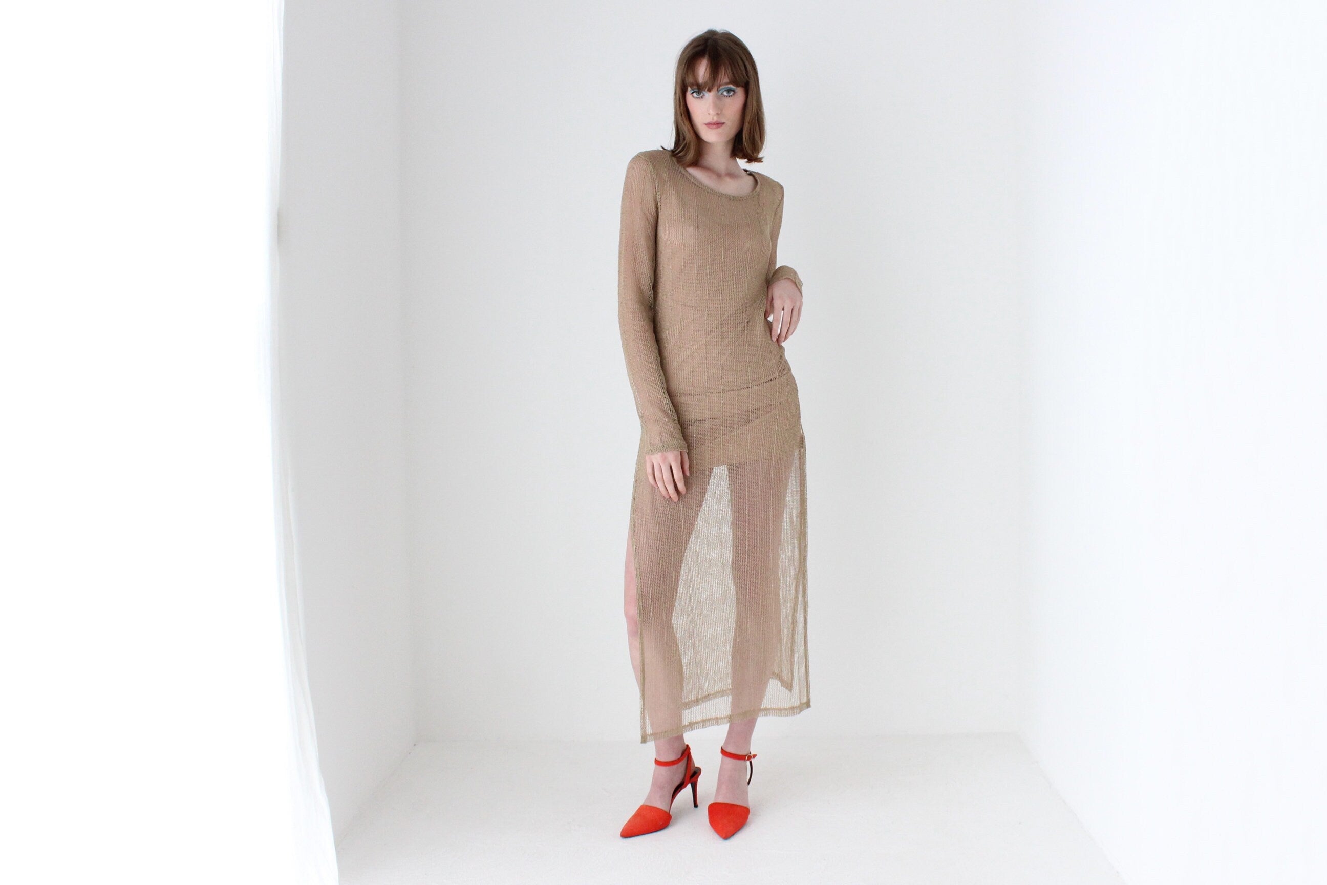 Y2K Flesh Mesh Fishnet Open Knit Long Sleeve Sheath Dress