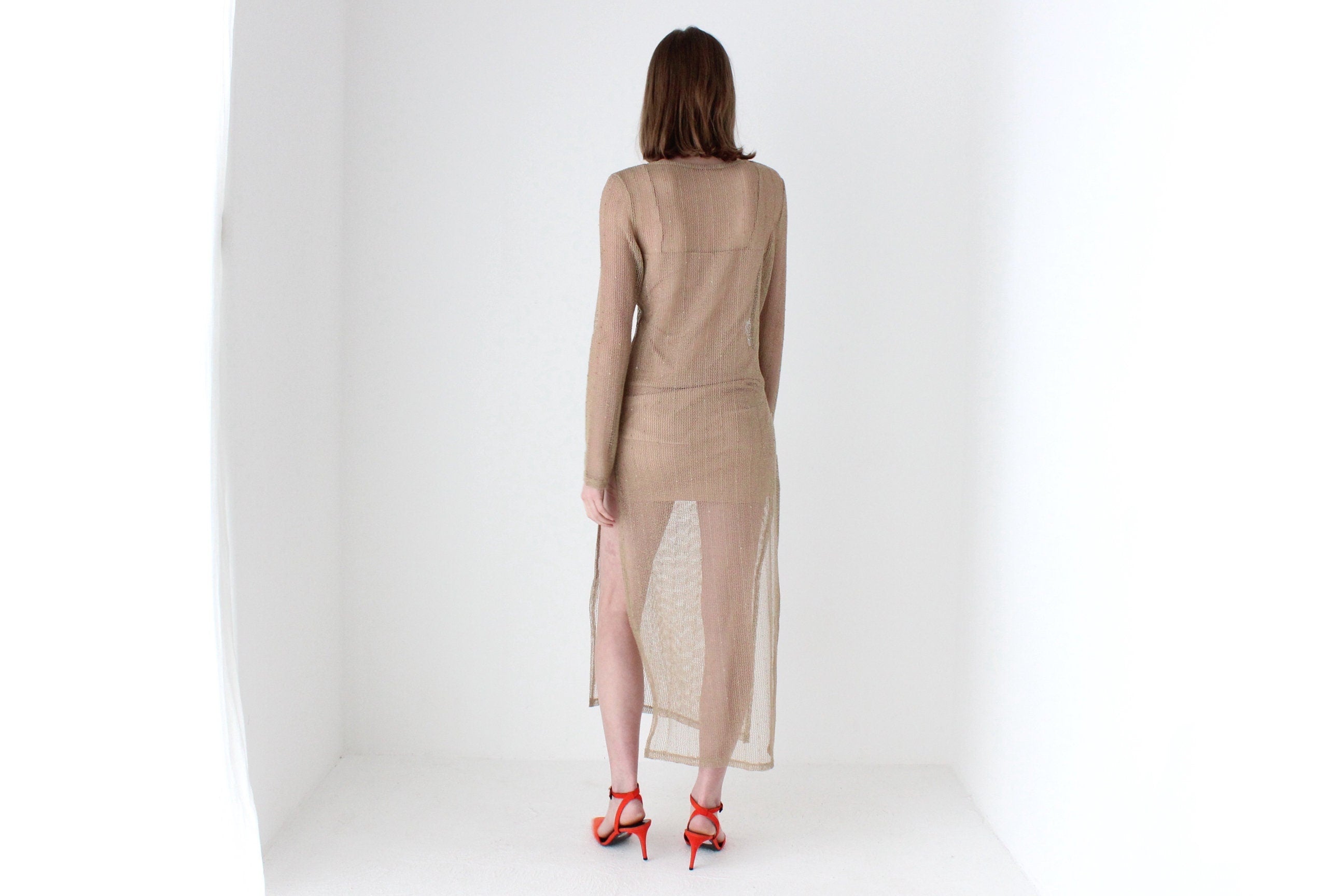 Y2K Flesh Mesh Fishnet Open Knit Long Sleeve Sheath Dress